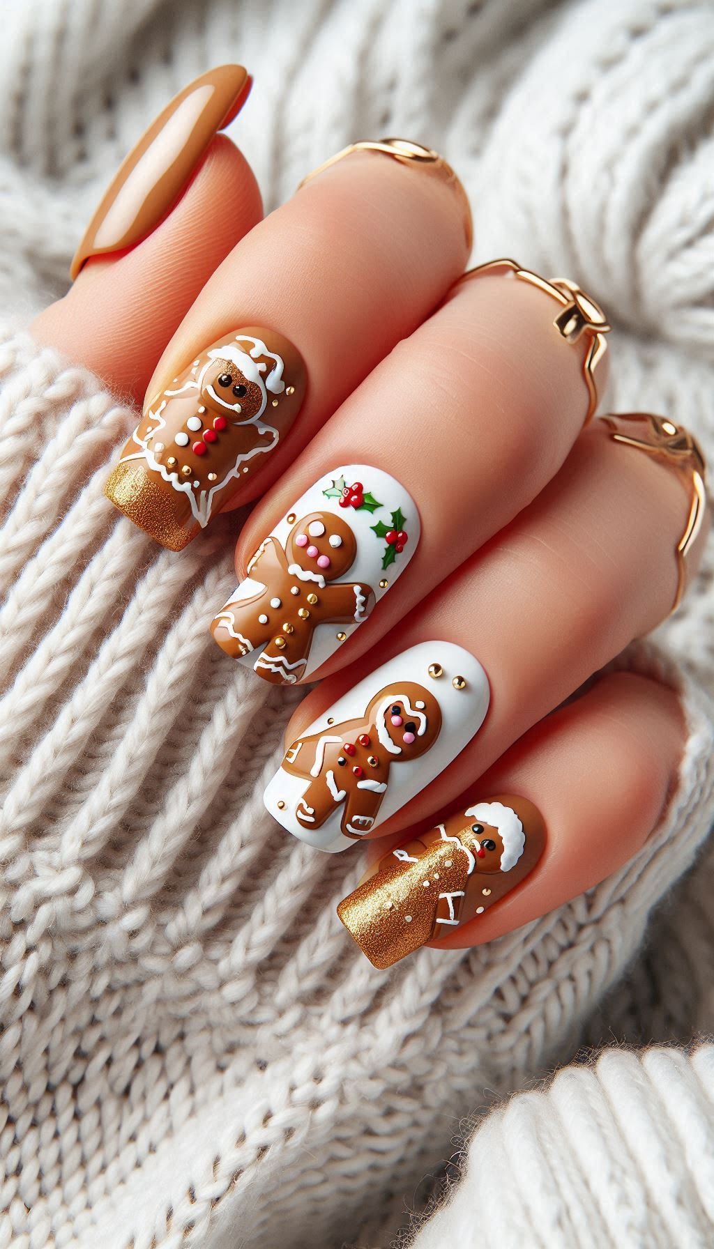 Nail your holiday look with gingerbread man nail art. Perfect for adding a touch of whimsy to your Christmas style!