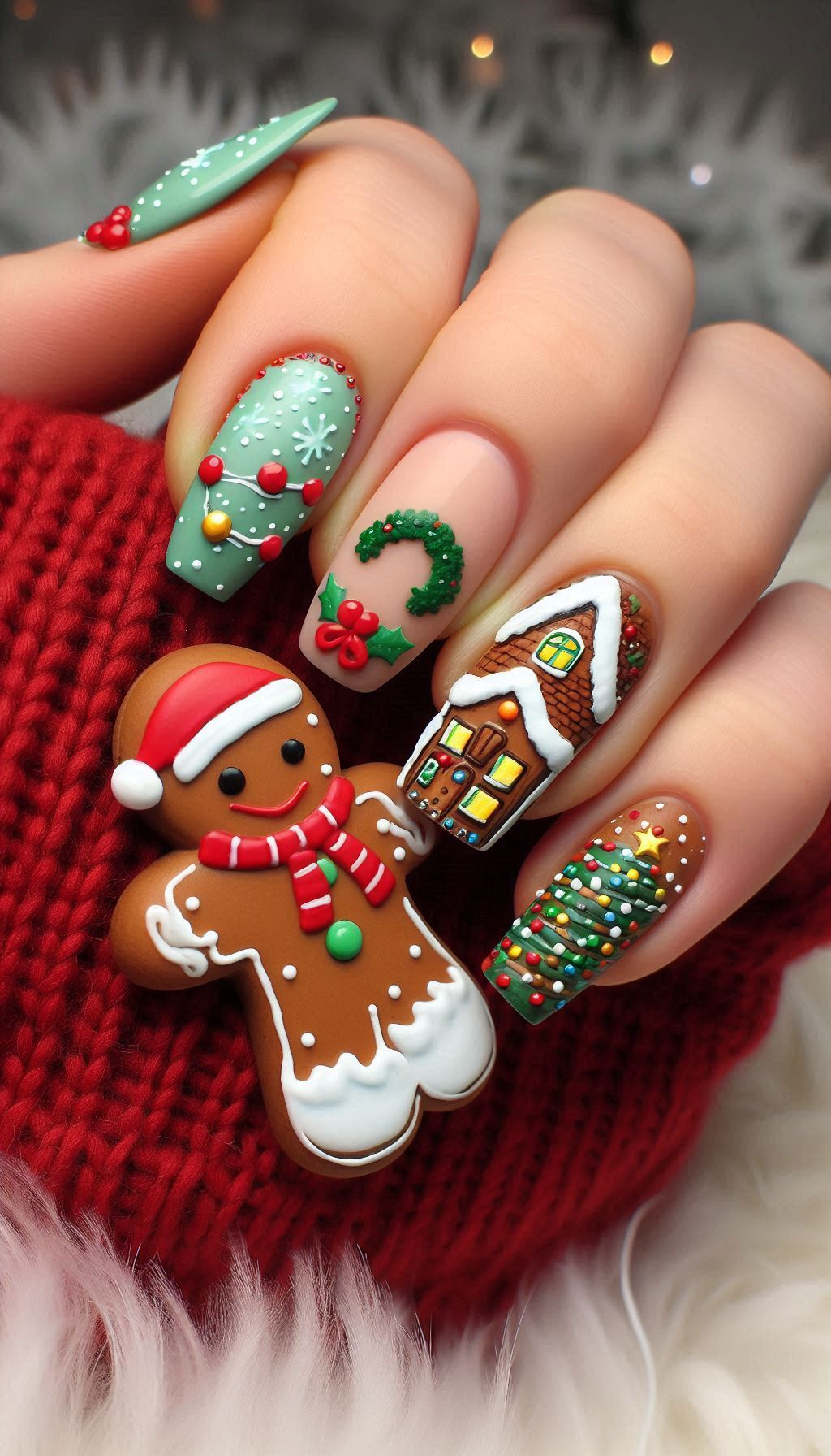 Bring the holiday bakery to your nails with gingerbread man designs. Sweet, festive, and perfect for celebrating the season!