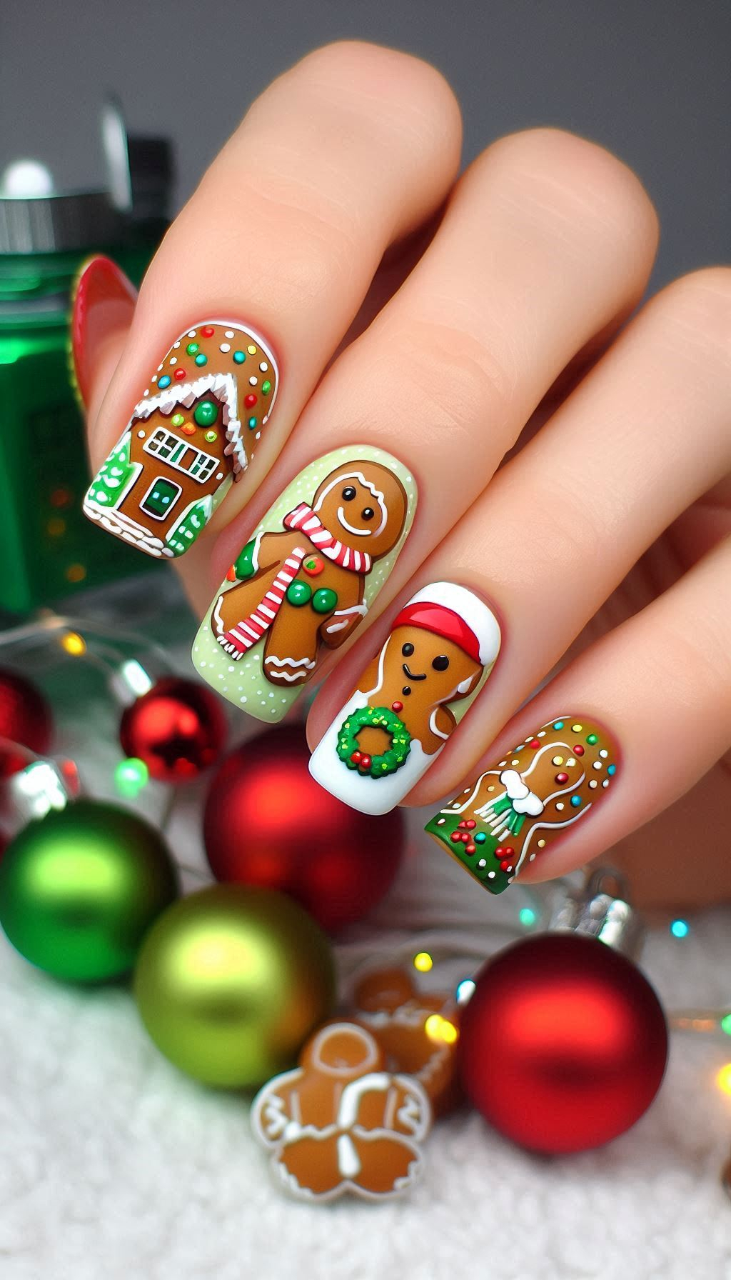 Sweeten up your holiday look with gingerbread man nails. Perfect for adding a touch of festive fun to your Christmas manicure!