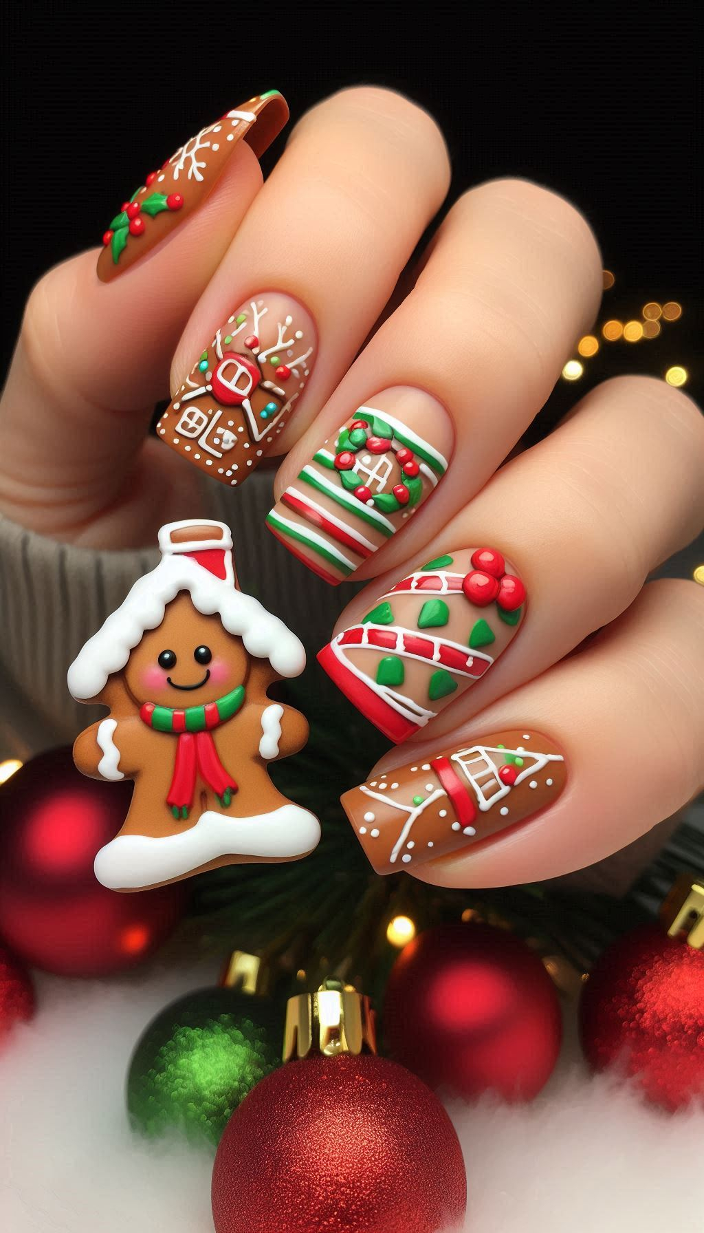 Get into the holiday spirit with adorable gingerbread man nail art. These Christmas nails are a delightful mix of cute and festive!