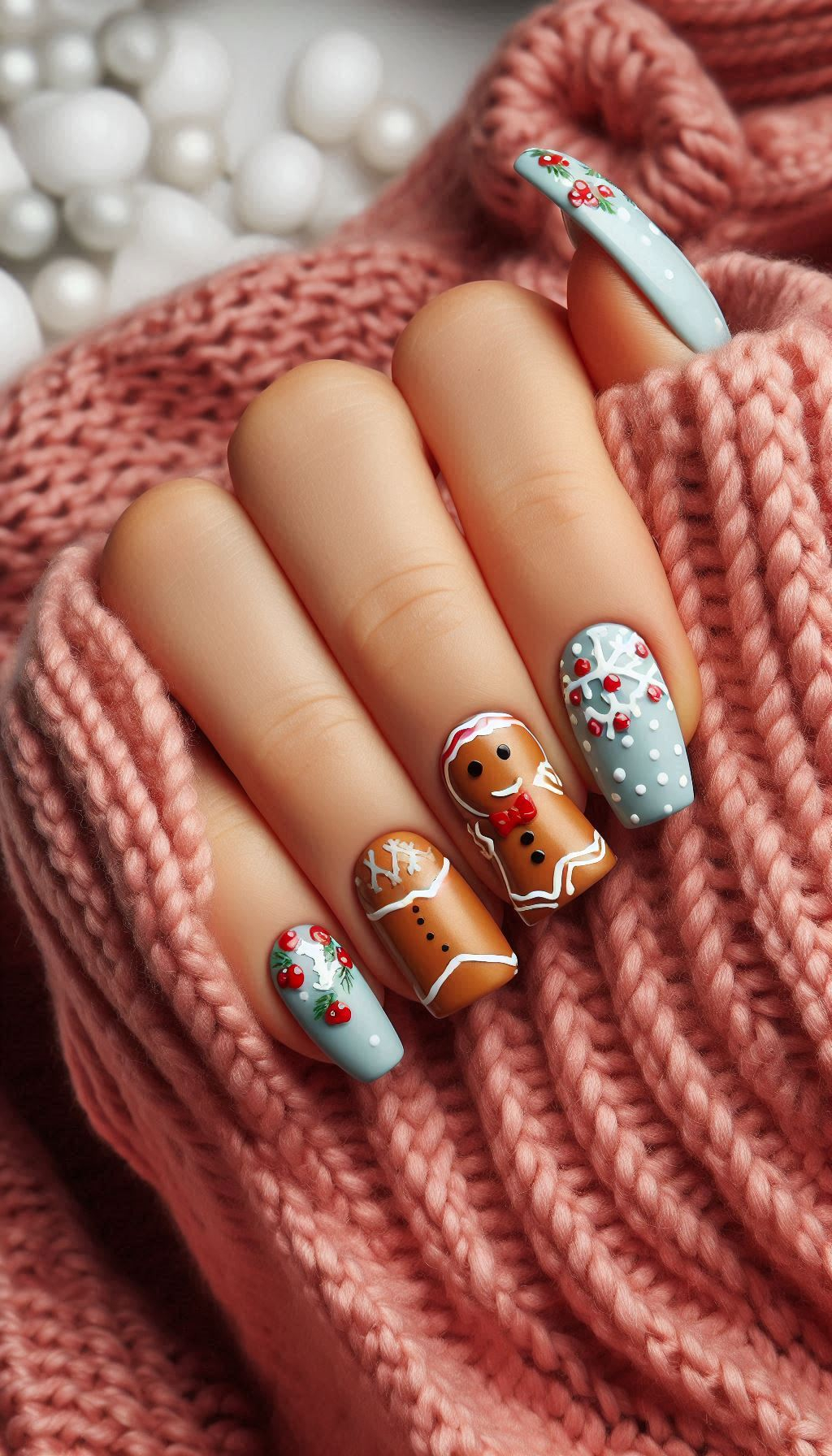 Nail your holiday look with gingerbread man nail art. Perfect for adding a touch of whimsy to your Christmas style!