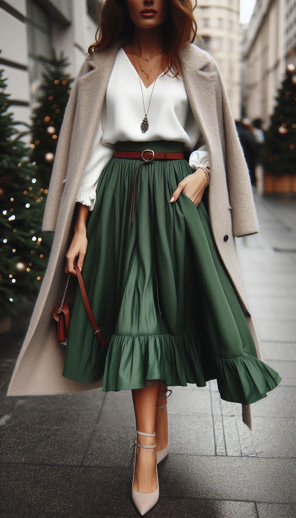 Cozy Christmas Outfit Ideas For You To Sparkle And Shine | Pocoko Look effortlessly chic this Christmas with a green midi skirt and white blouse. A classy combo that promises to keep you stylish and comfortable throughout the festivities!