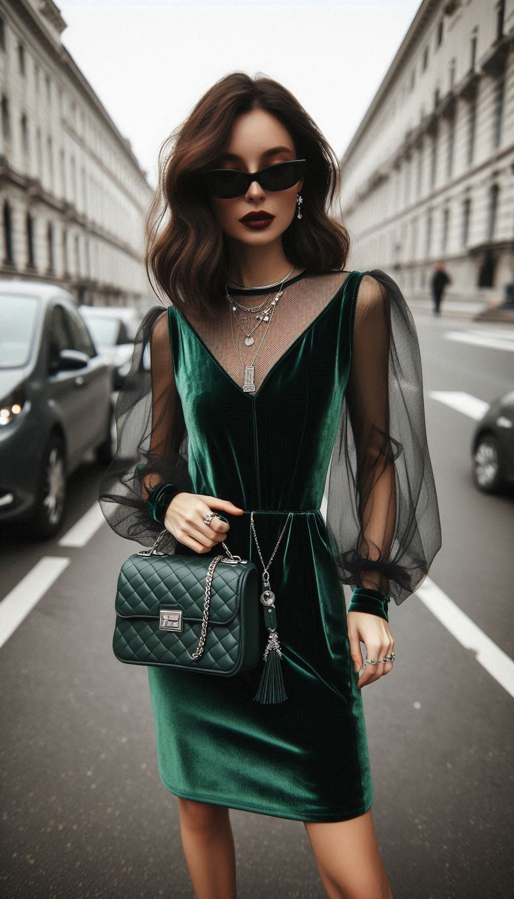 85 Effortlessly Chic Christmas Outfit Ideas That Slay | Pocoko Make a grand entrance this Christmas in a green velvet dress with sheer sleeves. Sophisticated, festive, and oh-so-glamorous!