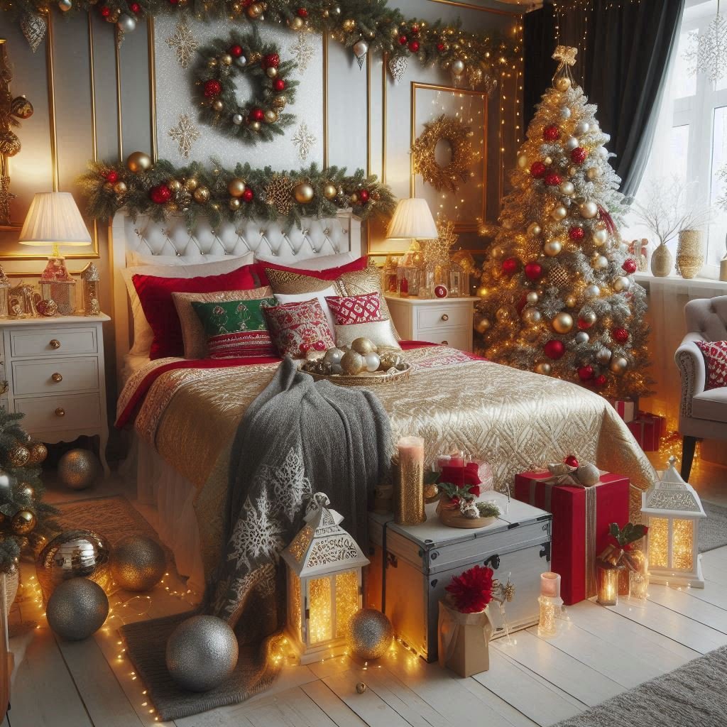 Christmas Bedroom Decorations: 95+ Absolutely Stunning Ideas | Pocoko Create a peaceful and stylish holiday retreat with grey and silver Christmas decorations. Elegant, serene, and full of festive charm!