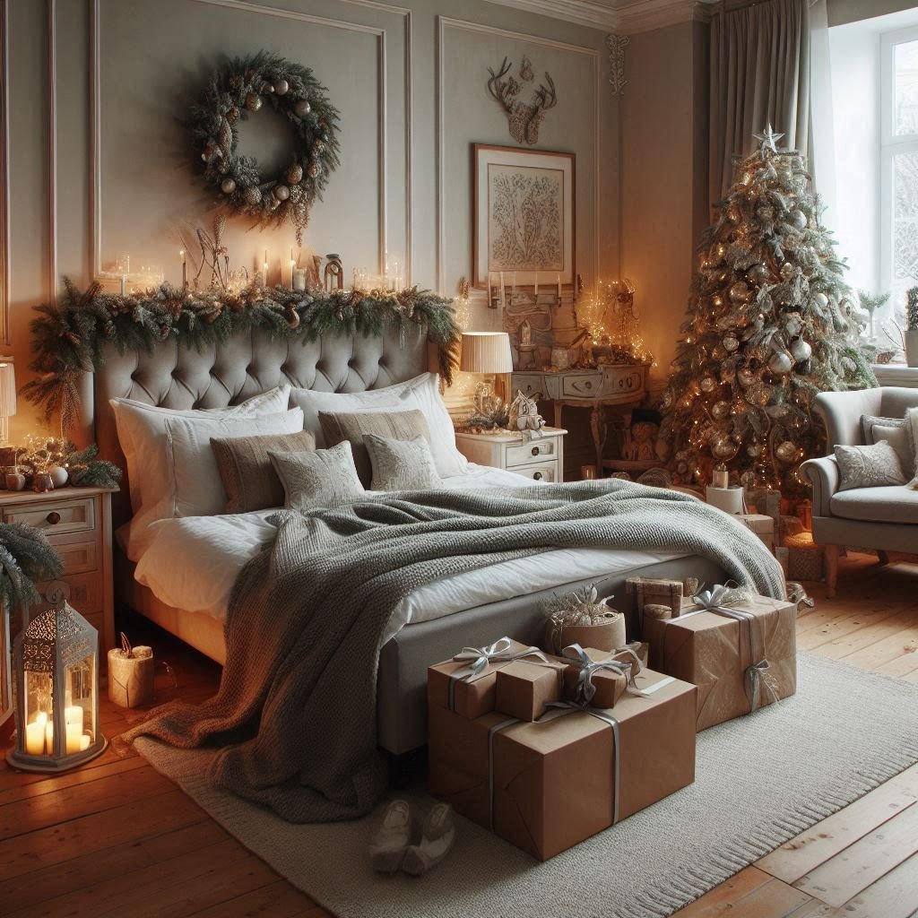 Christmas Bedroom Decorations: 95+ Absolutely Stunning Ideas | Pocoko Create a tranquil and elegant holiday retreat with grey and silver Christmas decorations. Perfect for a stylish festive look!