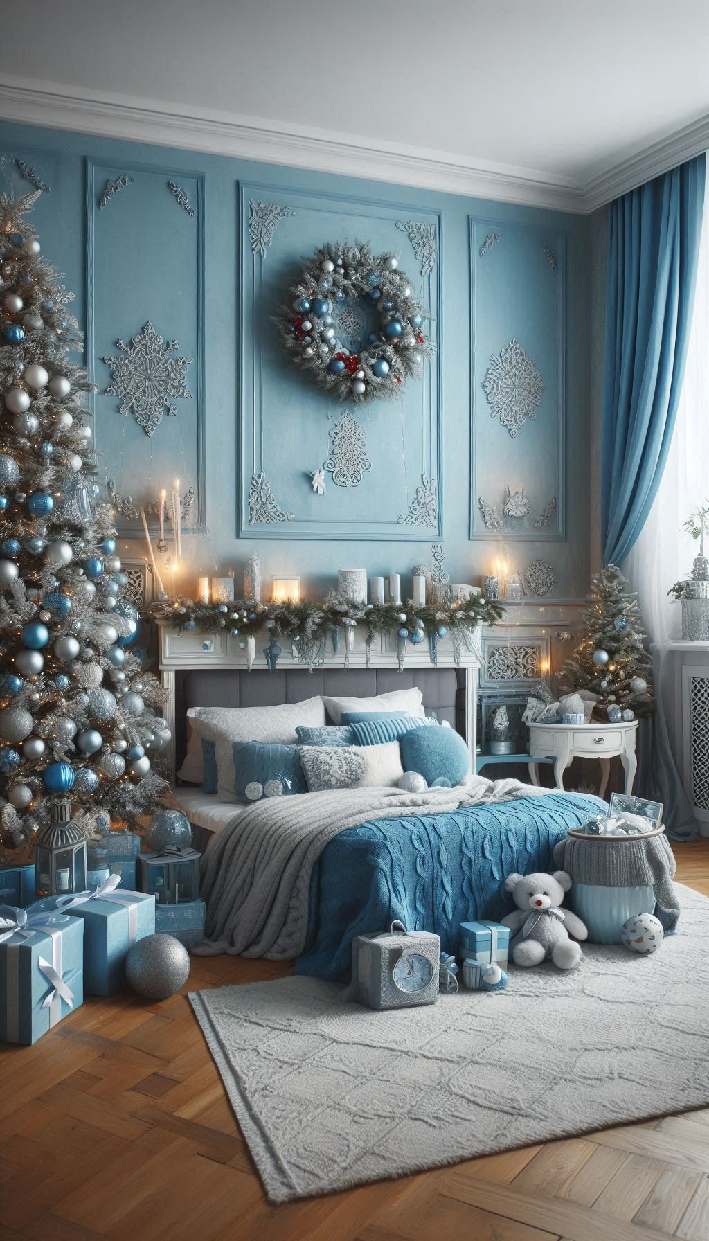 Christmas Bedroom Decorations: 95+ Absolutely Stunning Ideas | Pocoko Transform your bedroom into a tranquil winter wonderland with ice blue Christmas decorations. The perfect way to embrace the festive season!