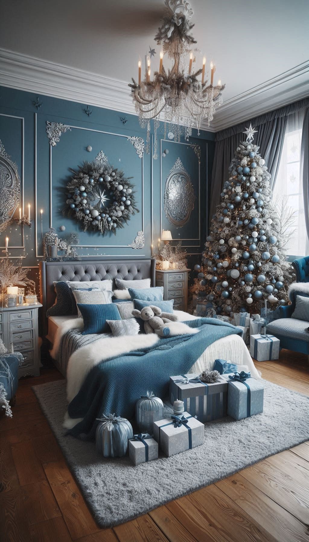 Christmas Bedroom Decorations: 95+ Absolutely Stunning Ideas | Pocoko Embrace the cool charm of winter with ice blue Christmas bedroom decorations. Your space will feel like a peaceful snowy retreat!