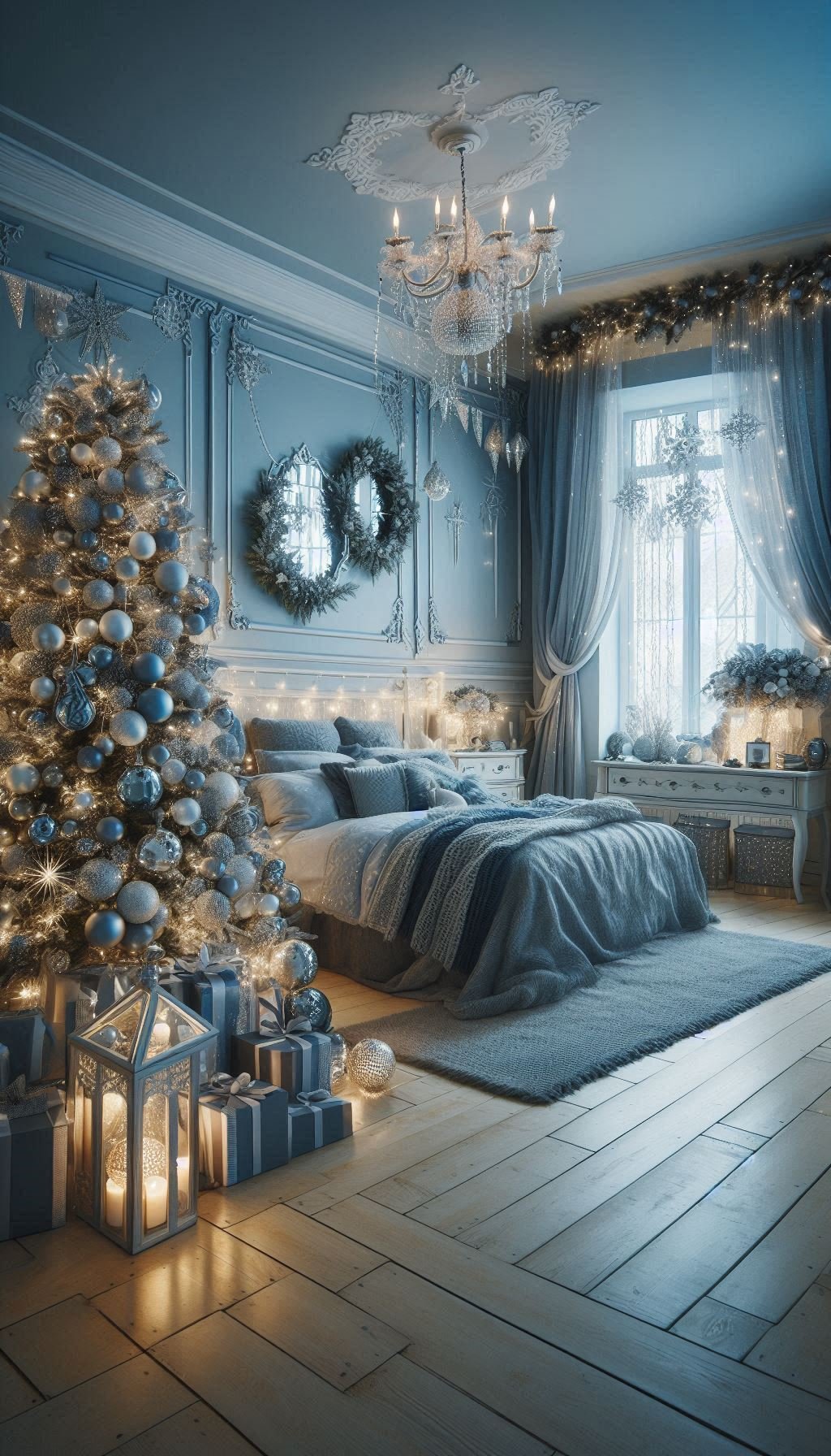 Christmas Bedroom Decorations: 95+ Absolutely Stunning Ideas | Pocoko Turn your bedroom into an icy haven with stunning ice blue decorations. Perfect for adding a touch of frosty elegance this Christmas!