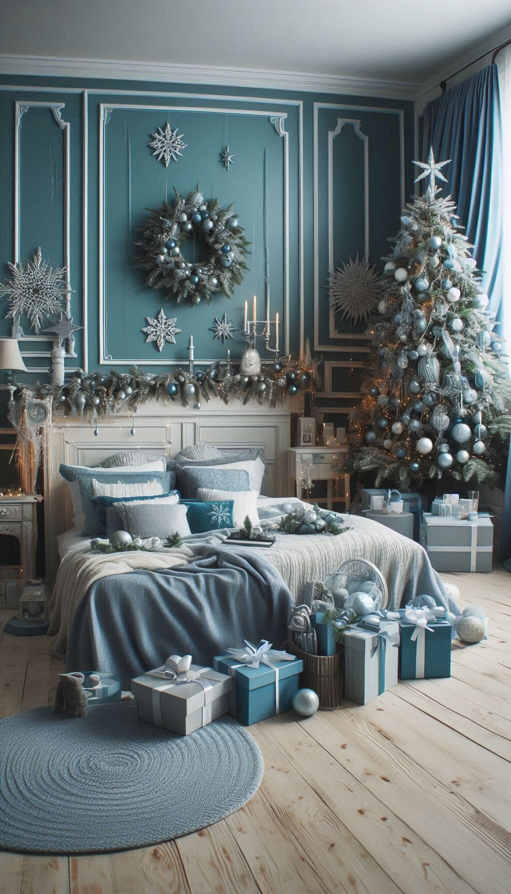 Christmas Bedroom Decorations: 95+ Absolutely Stunning Ideas | Pocoko Add a frosty touch to your festive decor with ice blue Christmas bedroom decorations. Your space will be the epitome of winter elegance!