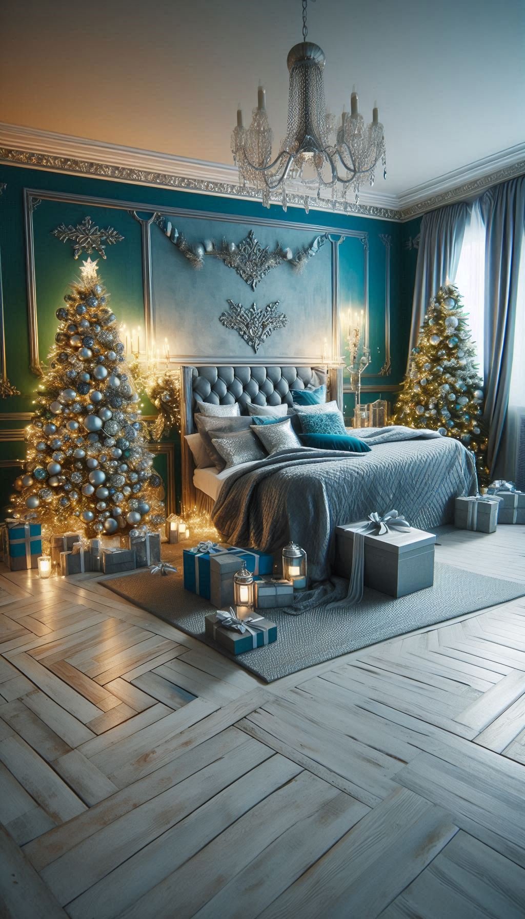 Christmas Bedroom Decorations: 95+ Absolutely Stunning Ideas | Pocoko Turn your bedroom into a serene, snowy retreat with ice blue Christmas decorations. Perfect for a peaceful and stylish holiday look!