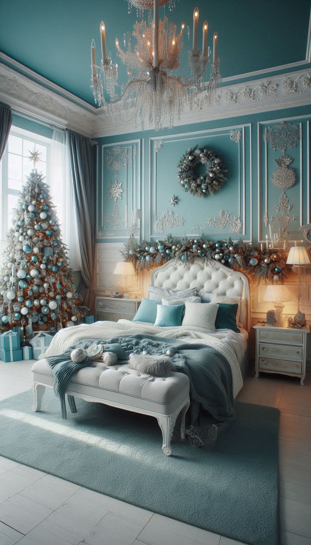 Christmas Bedroom Decorations: 95+ Absolutely Stunning Ideas | Pocoko Let your bedroom sparkle with the icy elegance of ice blue Christmas decorations. A perfect blend of festive charm and winter magic!