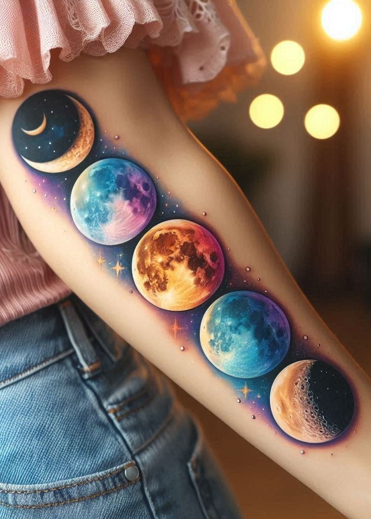 Channel lunar energy with moon cycle witchcraft tattoos. A beautiful way to honor the phases of the moon and your own inner magic!