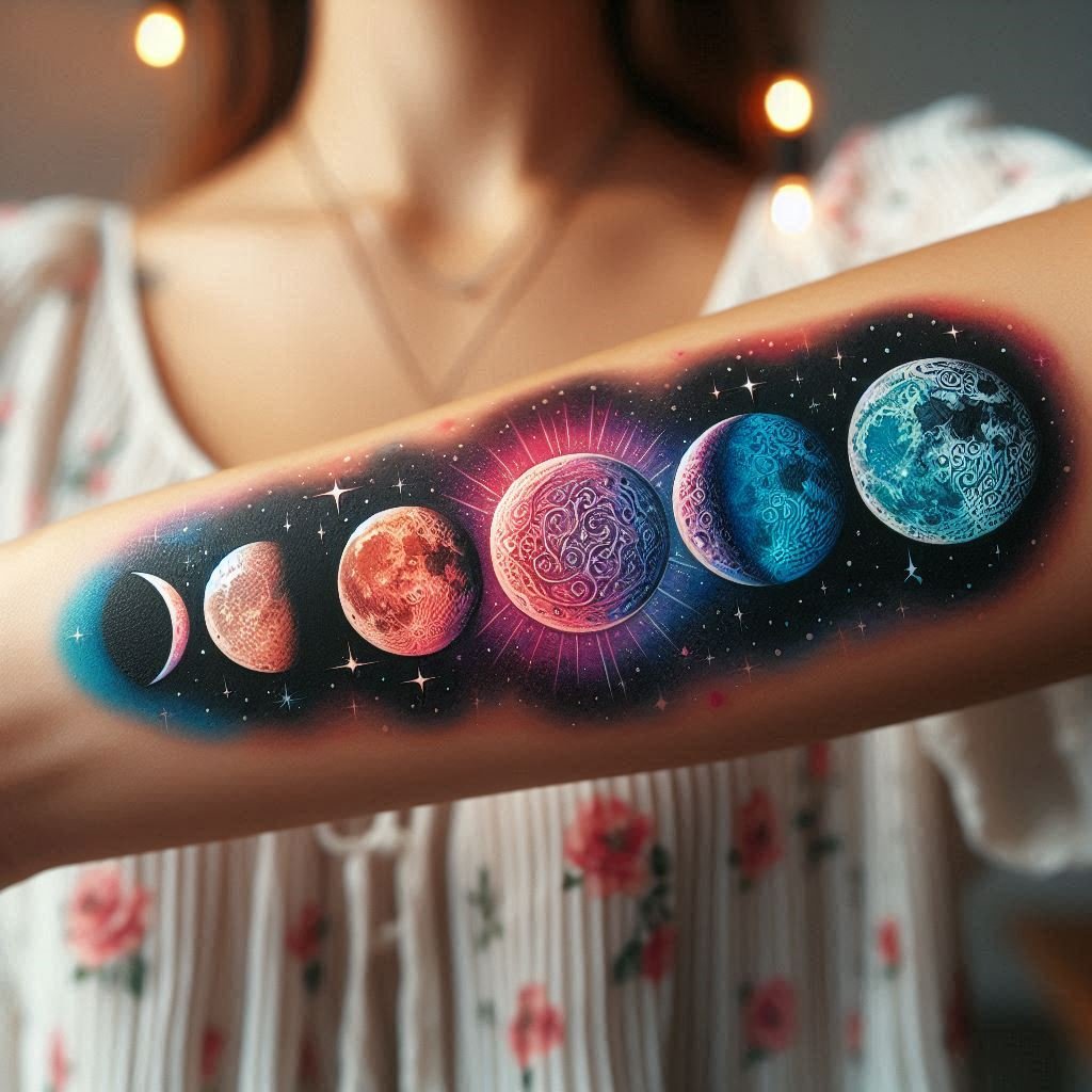 Show off your love for lunar magic with moon cycle tattoos. Perfect for those who seek to align with the moon's ever-changing phases!