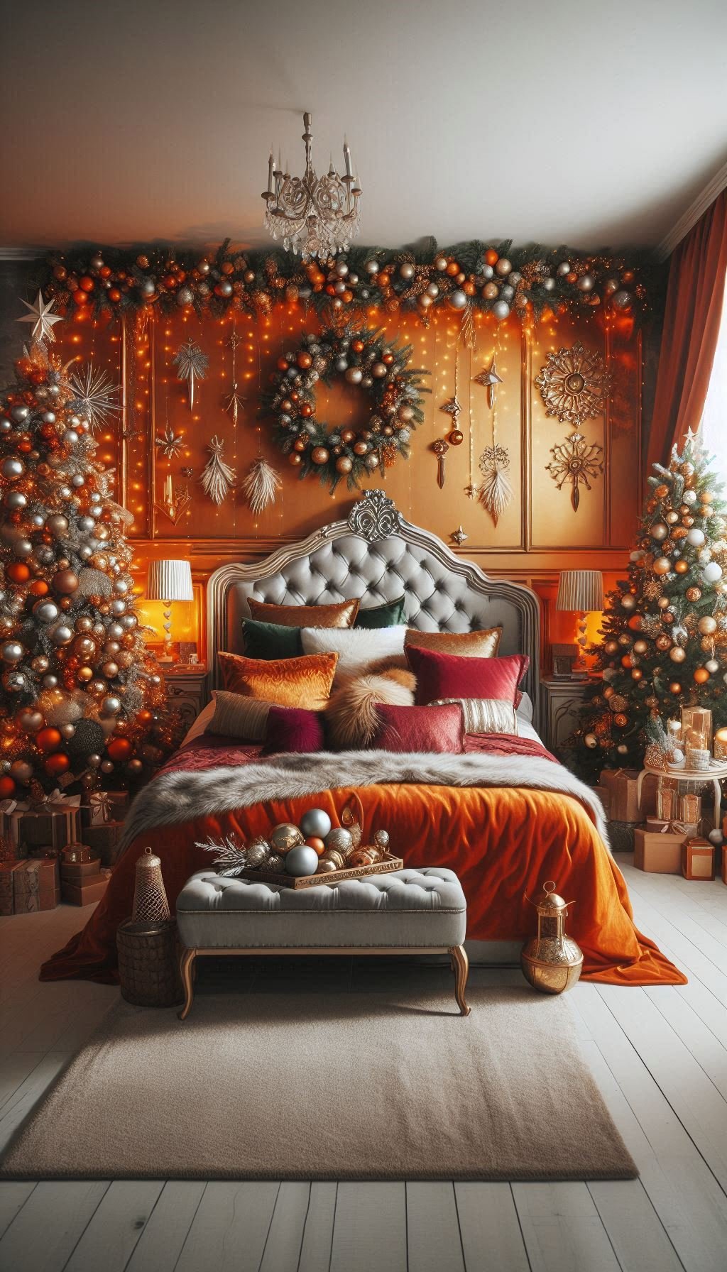 Christmas Bedroom Decorations: 95+ Absolutely Stunning Ideas | Pocoko Brighten up your bedroom with vibrant orange Christmas decorations. Perfect for a festive and lively holiday vibe!
