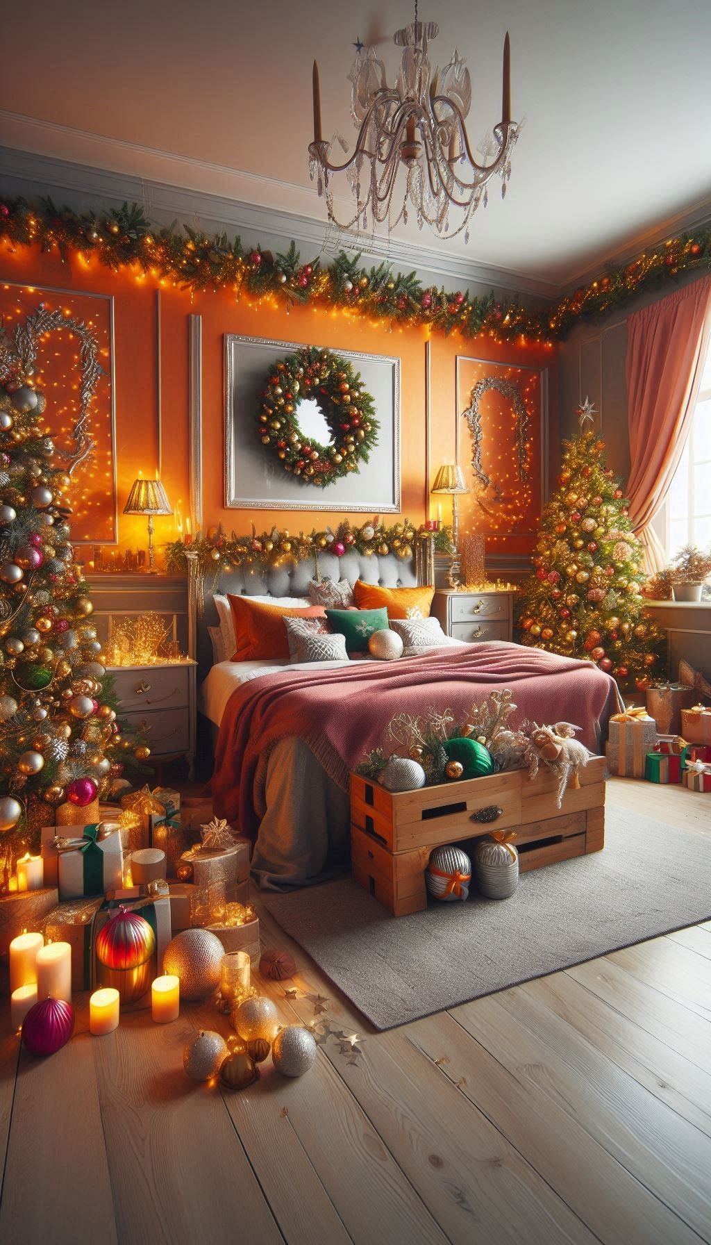 Christmas Bedroom Decorations: 95+ Absolutely Stunning Ideas | Pocoko Deck your bedroom in vibrant orange for a festive twist. It’s bold, cheerful, and perfect for the holidays!