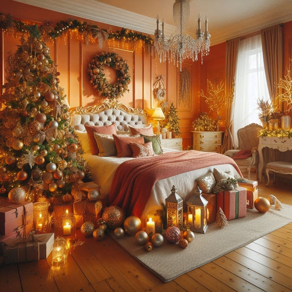 Christmas Bedroom Decorations: 95+ Absolutely Stunning Ideas | Pocoko Add a touch of warmth to your holiday decor with orange Christmas bedroom decorations. Cozy and cheerful!
