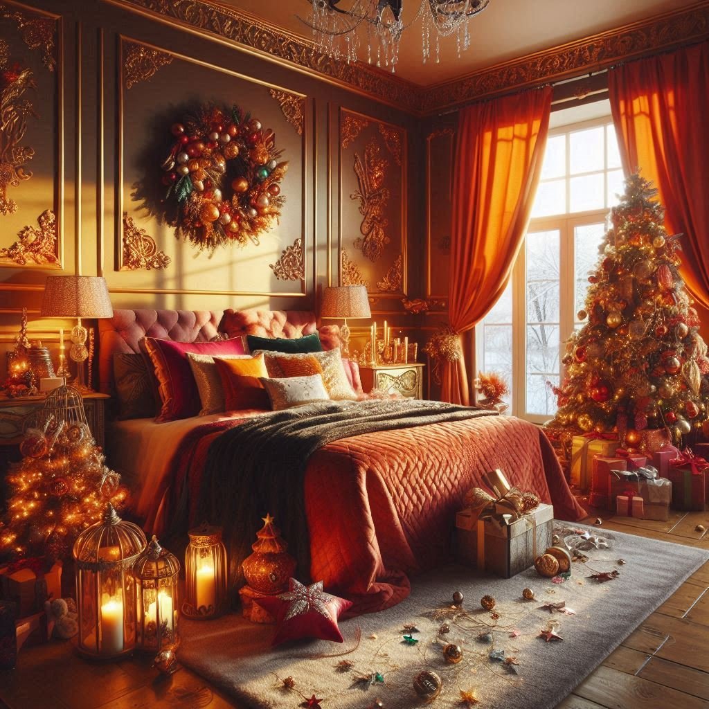 Christmas Bedroom Decorations: 95+ Absolutely Stunning Ideas | Pocoko Transform your bedroom into a festive retreat with bold orange decorations. It’s like sunshine and Christmas magic combined!