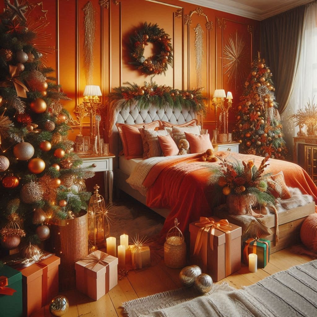 Christmas Bedroom Decorations: 95+ Absolutely Stunning Ideas | Pocoko Embrace the unexpected with orange Christmas bedroom decor. Vibrant, cheerful, and delightfully festive!