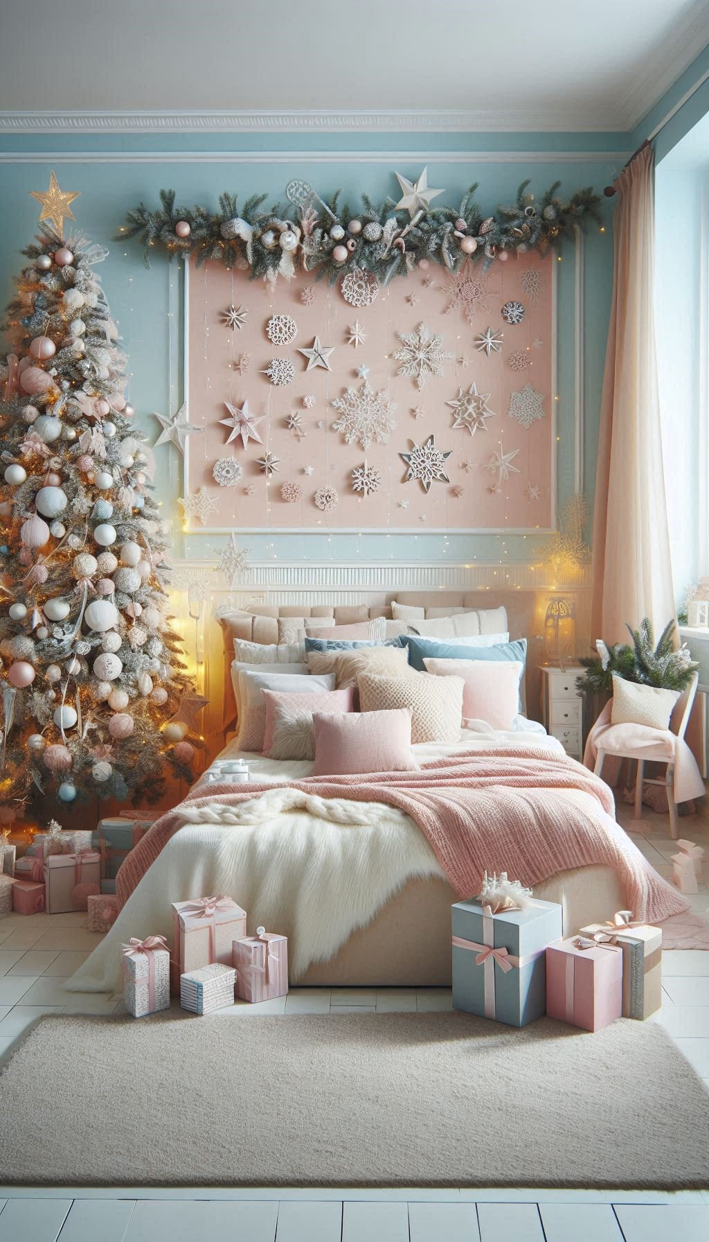 Christmas Bedroom Decorations: 95+ Absolutely Stunning Ideas | Pocoko Transform your bedroom with pastel Christmas decorations. Soft, enchanting hues for a cozy and magical holiday retreat!