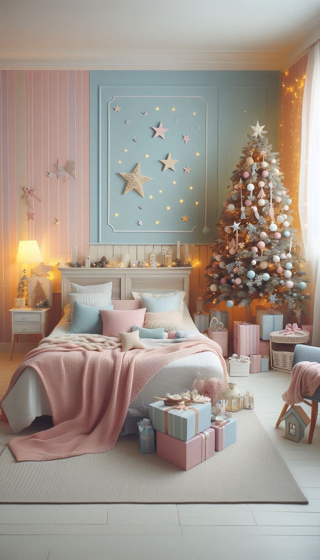 Christmas Bedroom Decorations: 95+ Absolutely Stunning Ideas | Pocoko Pastel colors bring a whimsical touch to Christmas bedroom decor. Perfect for a gentle, festive ambiance!