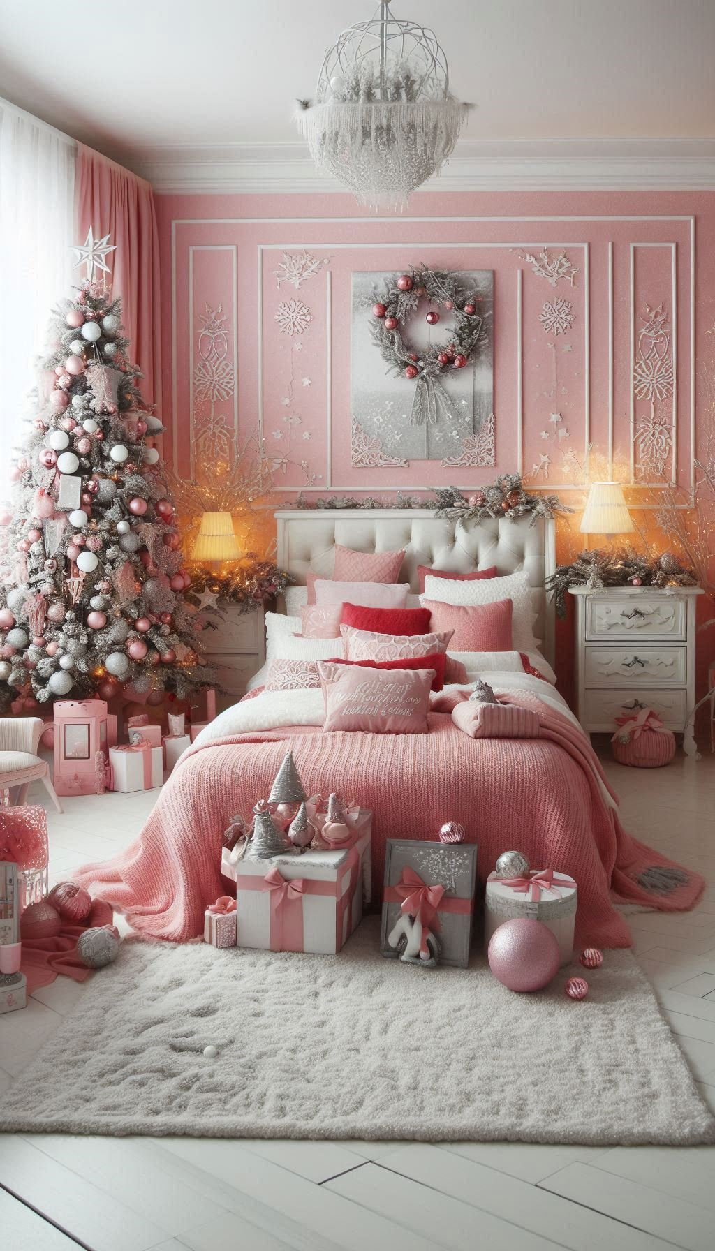 Christmas Bedroom Decorations: 95+ Absolutely Stunning Ideas | Pocoko Transform your bedroom into a pink winter wonderland. Perfect for a festive and playful holiday touch!"
