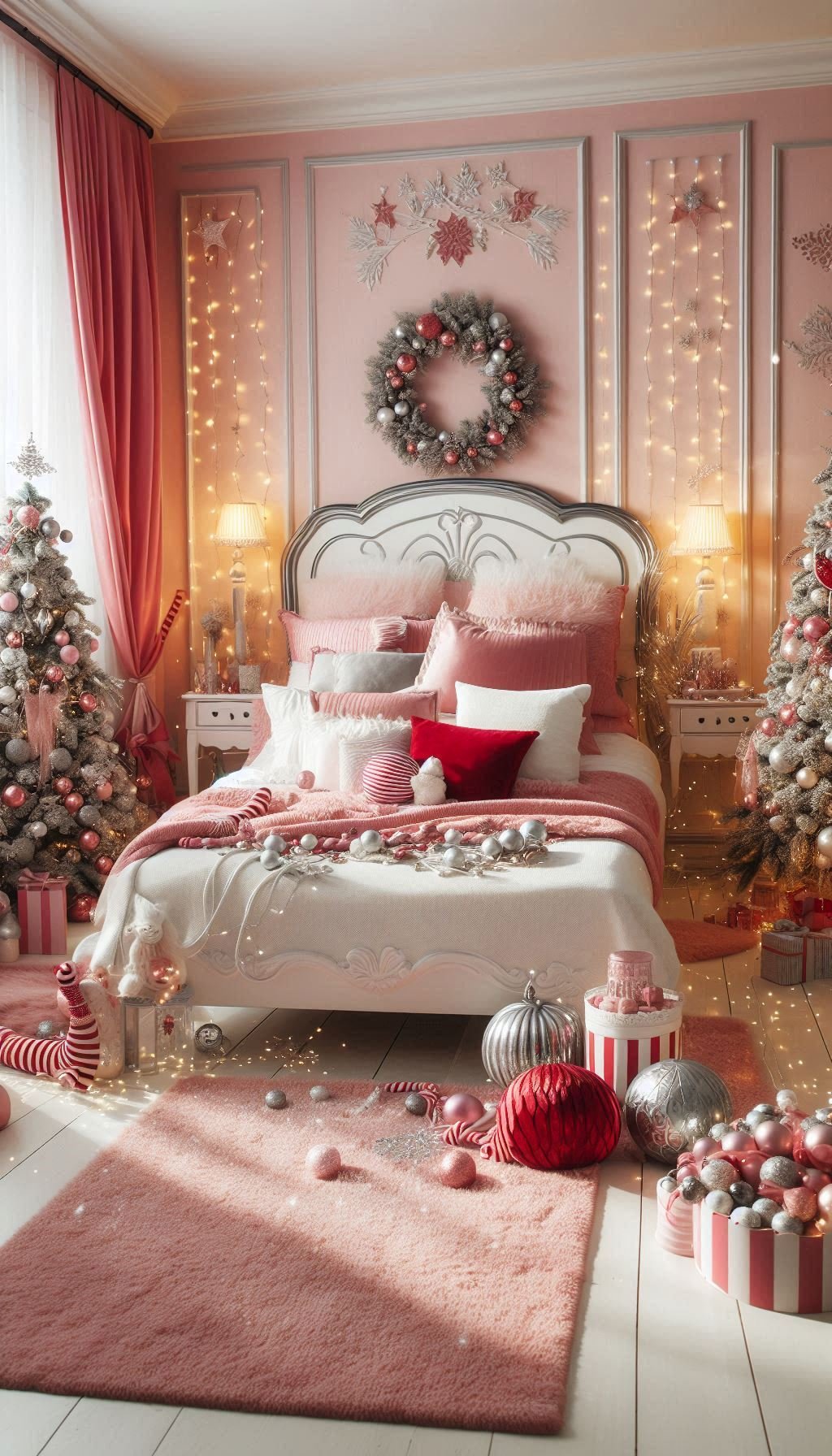 Christmas Bedroom Decorations: 95+ Absolutely Stunning Ideas | Pocoko Bring some rosy cheer to your bedroom with pink Christmas decorations. Festive, playful, and full of holiday magic!
