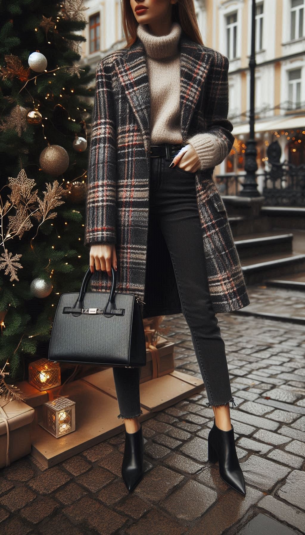Cozy Christmas Outfit Ideas For You To Sparkle And Shine | Pocoko Stay warm and fashionable with a plaid coat and black skinny jeans combo. Perfect for winter strolls or festive gatherings—style meets simplicity!