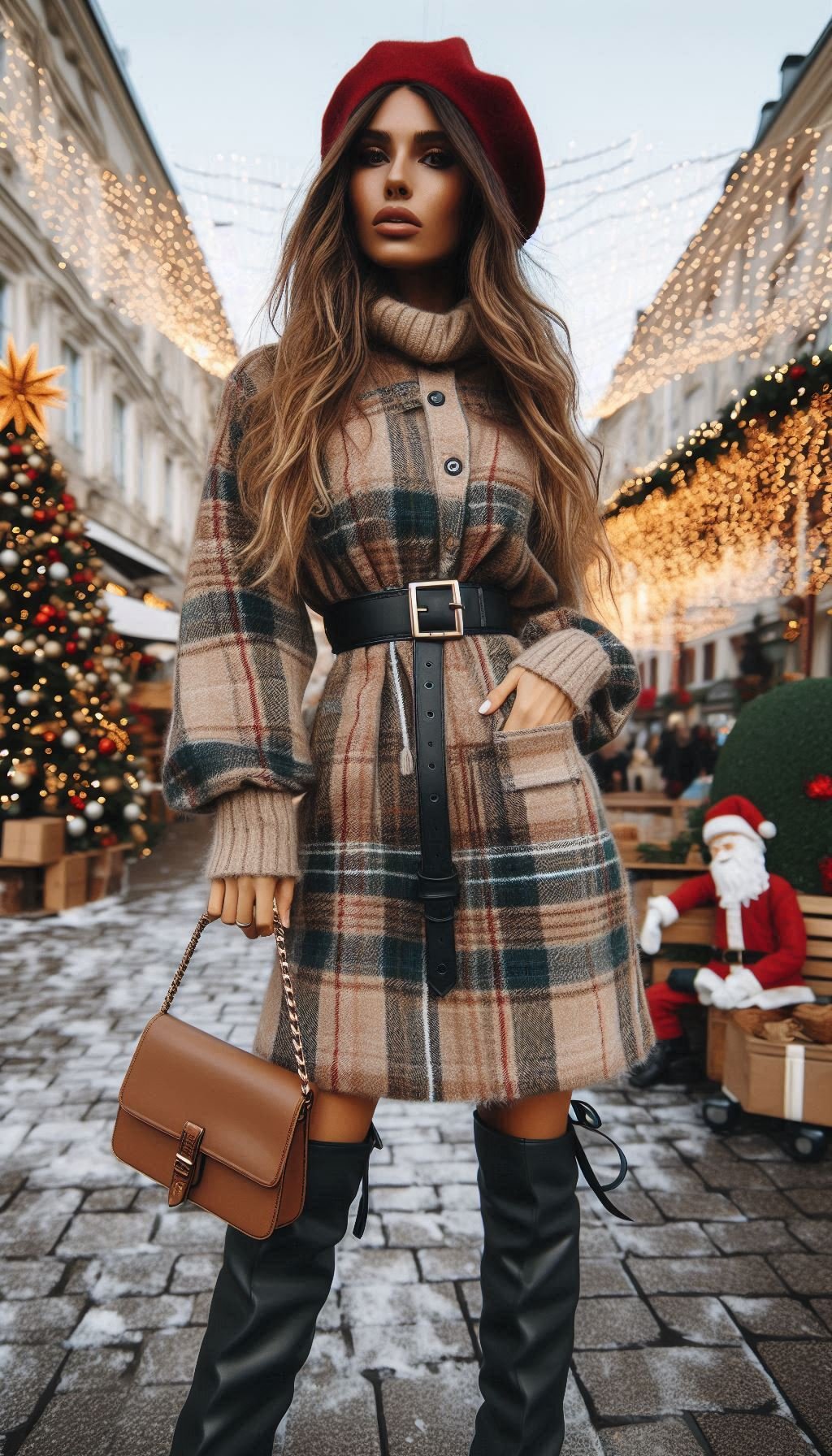 85 Effortlessly Chic Christmas Outfit Ideas That Slay | Pocoko Stay festive and chic with a plaid shirt dress and waist belt. Perfect for a cozy Christmas gathering with friends and family!