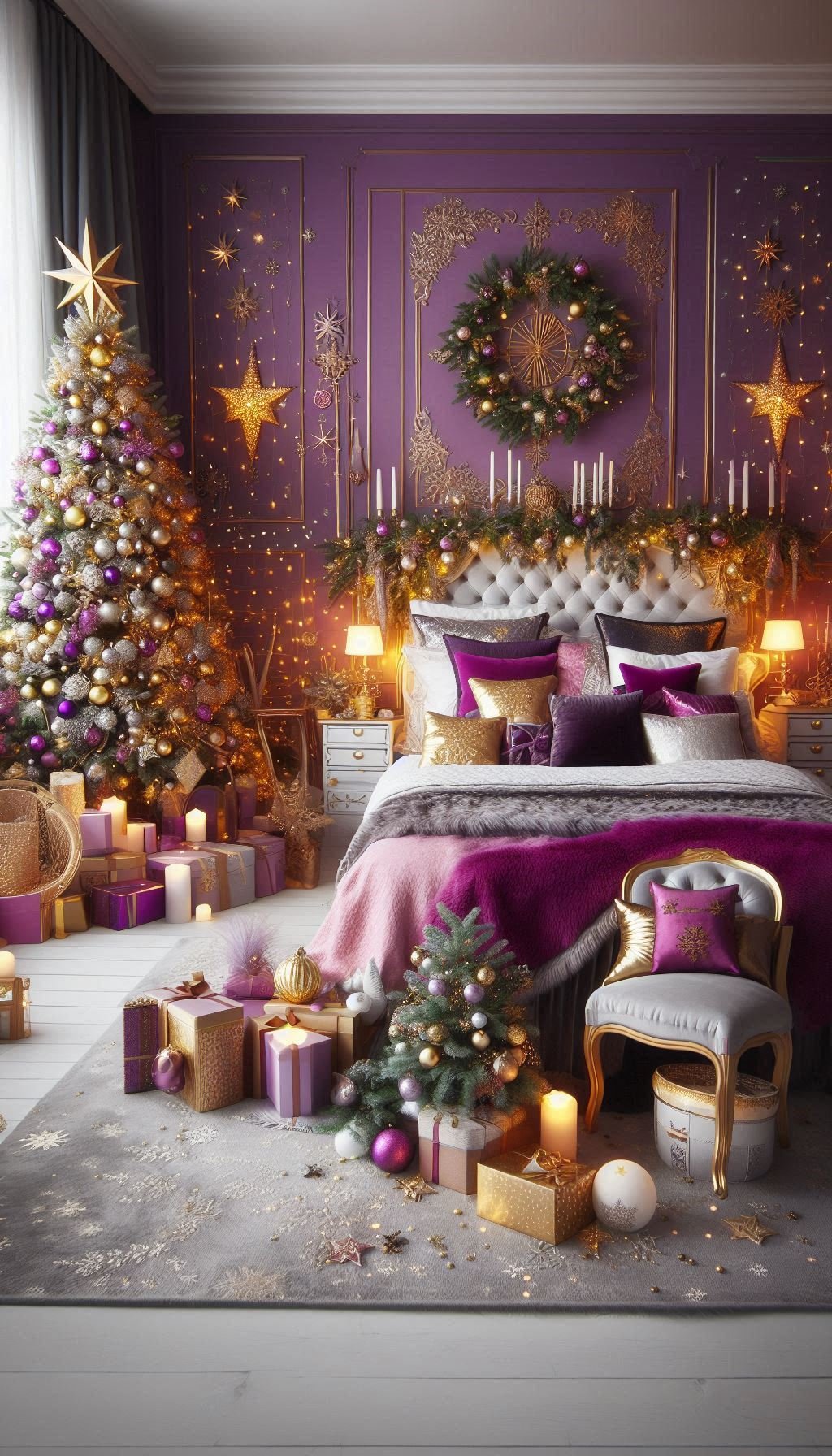 Christmas Bedroom Decorations: 95+ Absolutely Stunning Ideas | Pocoko Embrace the elegance of purple Christmas bedroom decorations. Perfect for a cozy and luxurious holiday ambiance!