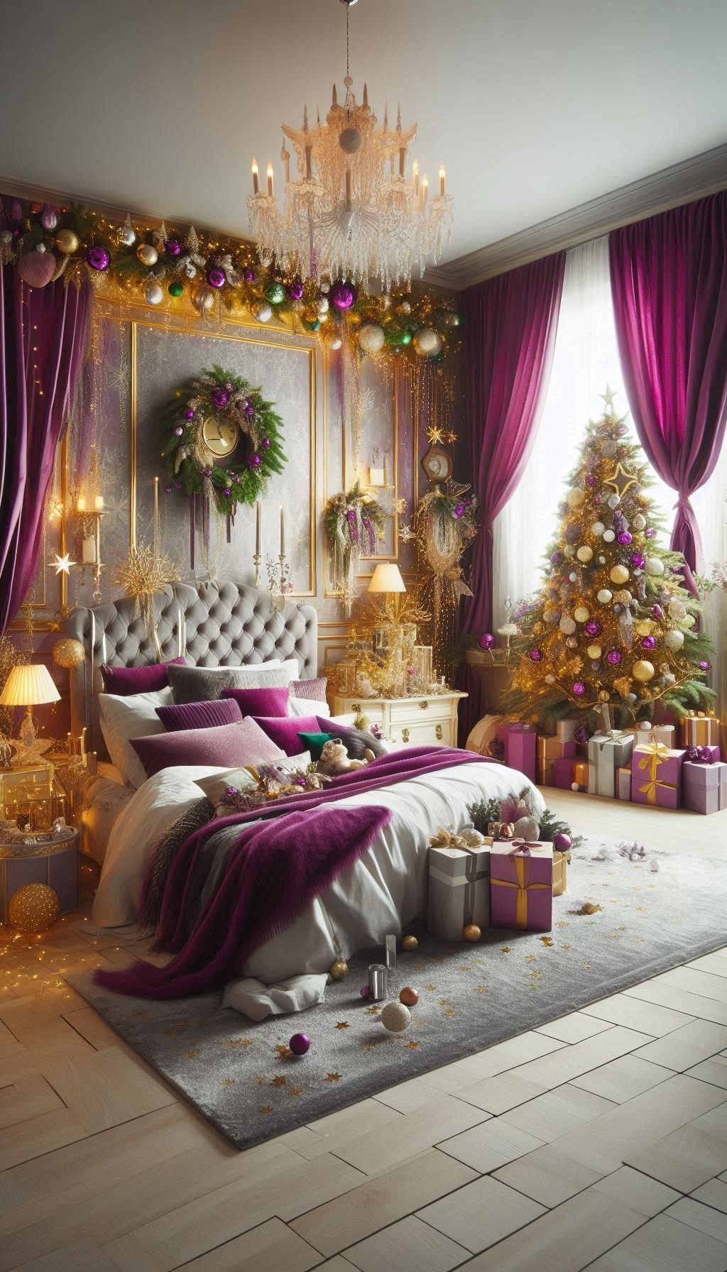 Christmas Bedroom Decorations: 95+ Absolutely Stunning Ideas | Pocoko Purple Christmas decorations bring a touch of sophistication to your bedroom. Festive, elegant, and full of holiday magic!