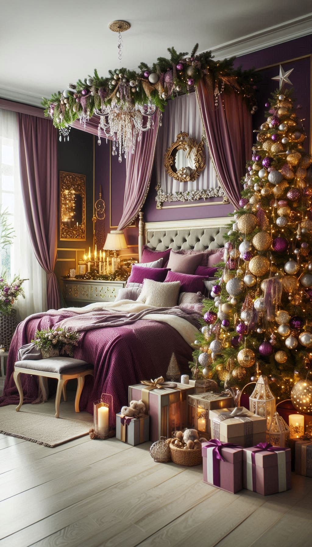 Christmas Bedroom Decorations: 95+ Absolutely Stunning Ideas | Pocoko Add some royal charm to your festive decor with purple Christmas bedroom decorations. Elegant, cozy, and magically festive!