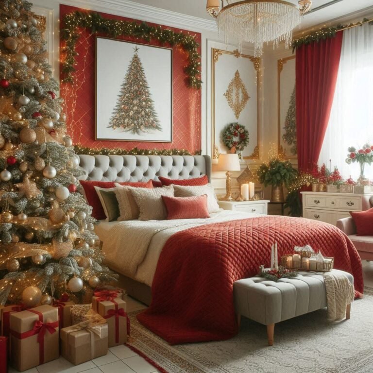 Add a bold splash of holiday cheer to your bedroom with red Christmas decorations. Festive and full of warmth!