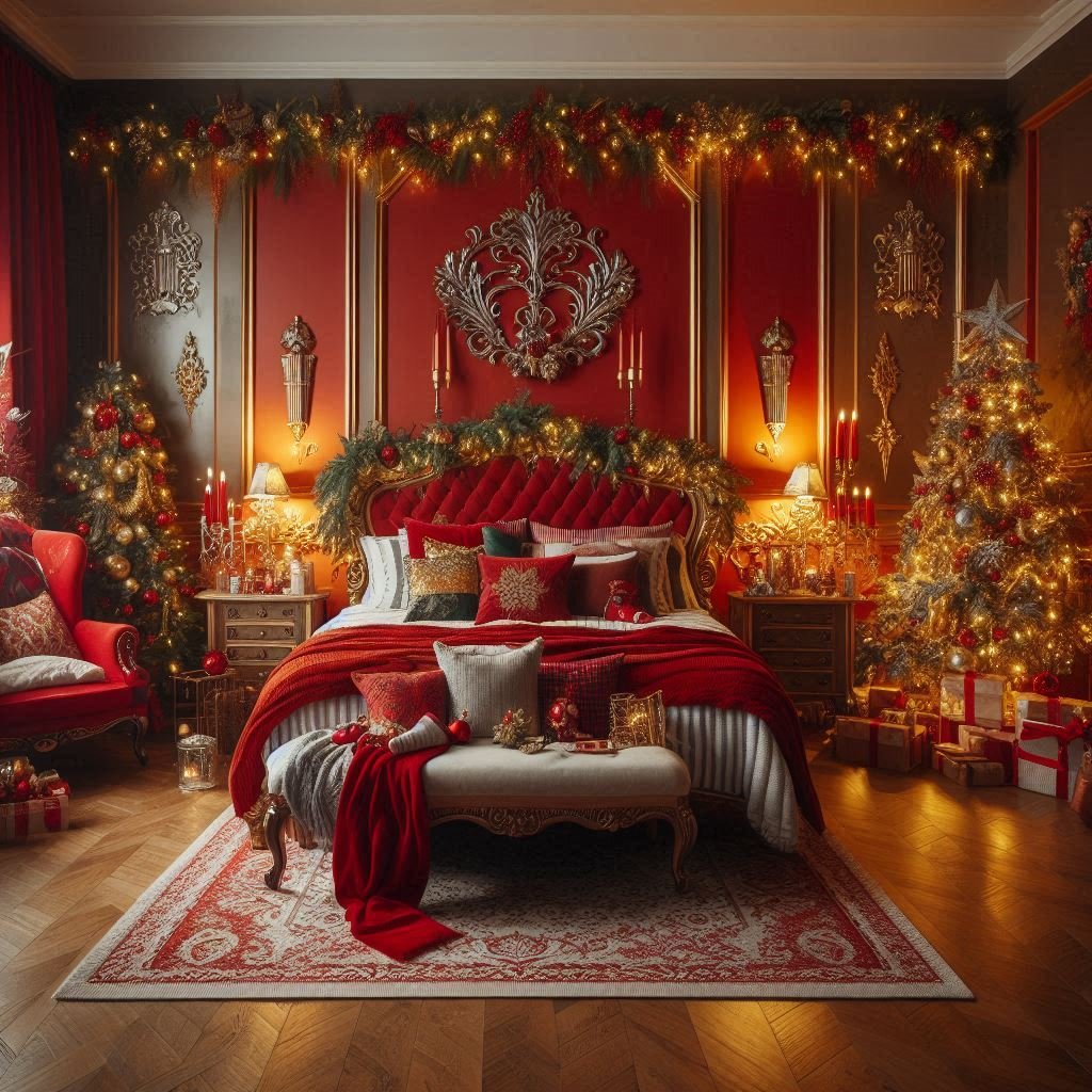 Christmas Bedroom Decorations: 95+ Absolutely Stunning Ideas | Pocoko Create a cozy and festive holiday retreat with red Christmas bedroom decorations. Perfect for celebrating the season in style!