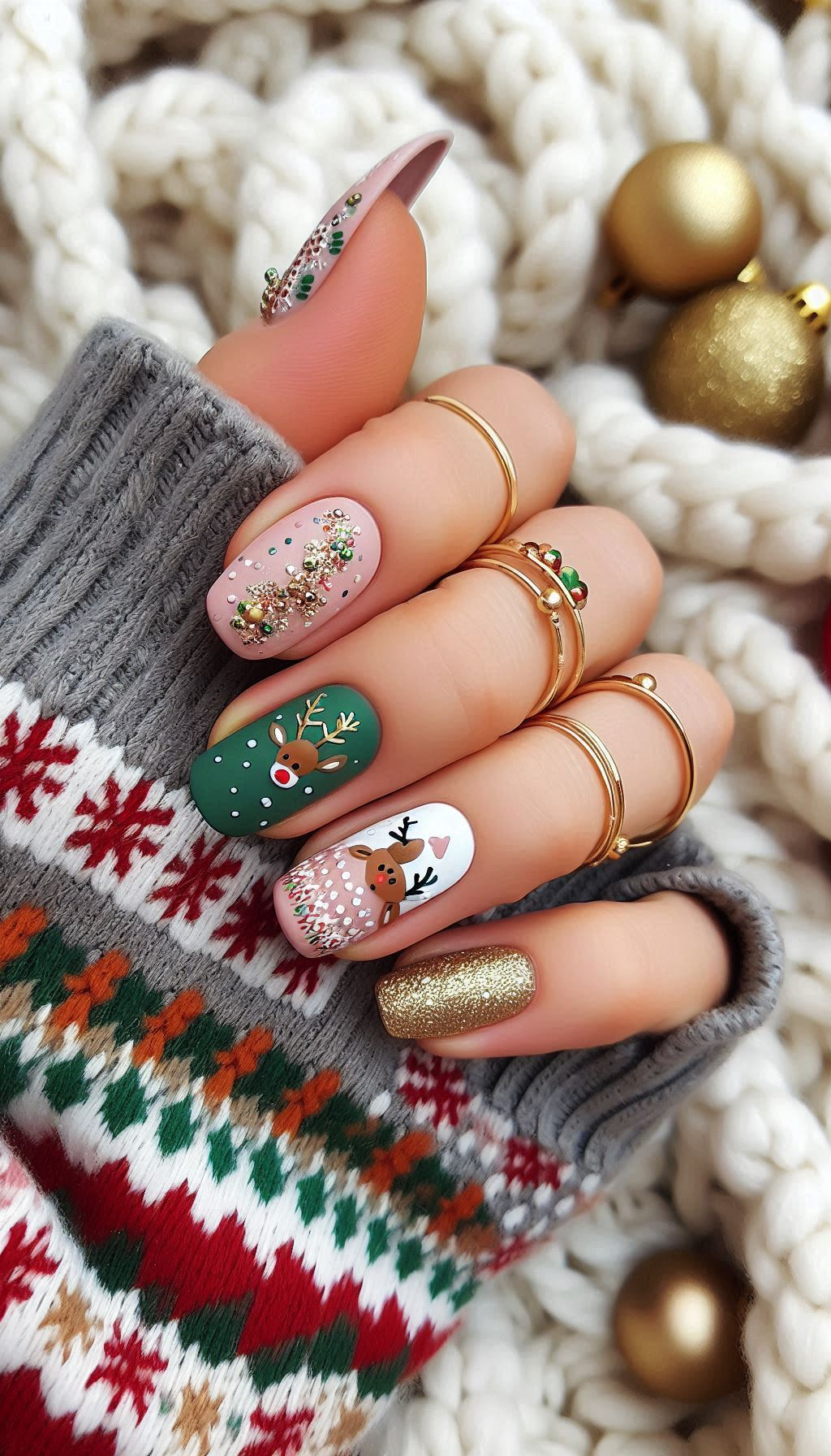 Add some holiday magic to your nails with adorable reindeer designs. Perfect for spreading festive cheer with every gesture!