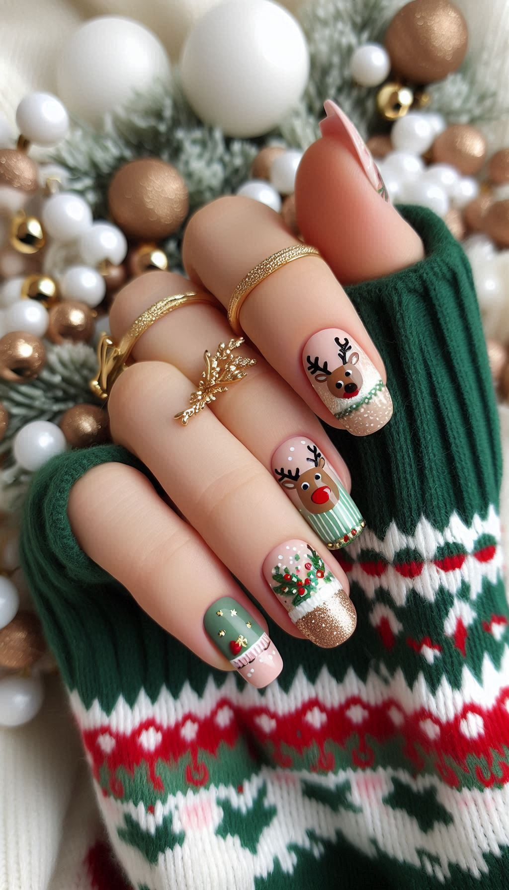 Get your nails ready for the holiday season with cute reindeer art. These Christmas nails are sure to be the star of any festive gathering!