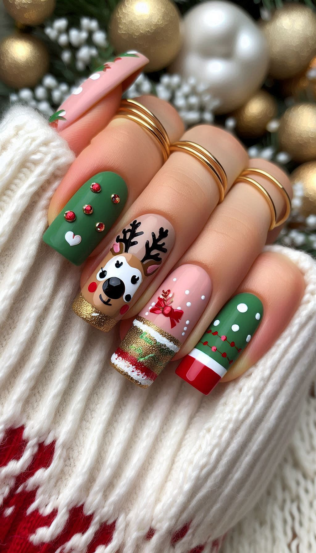 Get your nails ready for the holiday season with cute reindeer art. These Christmas nails are sure to be the star of any festive gathering!