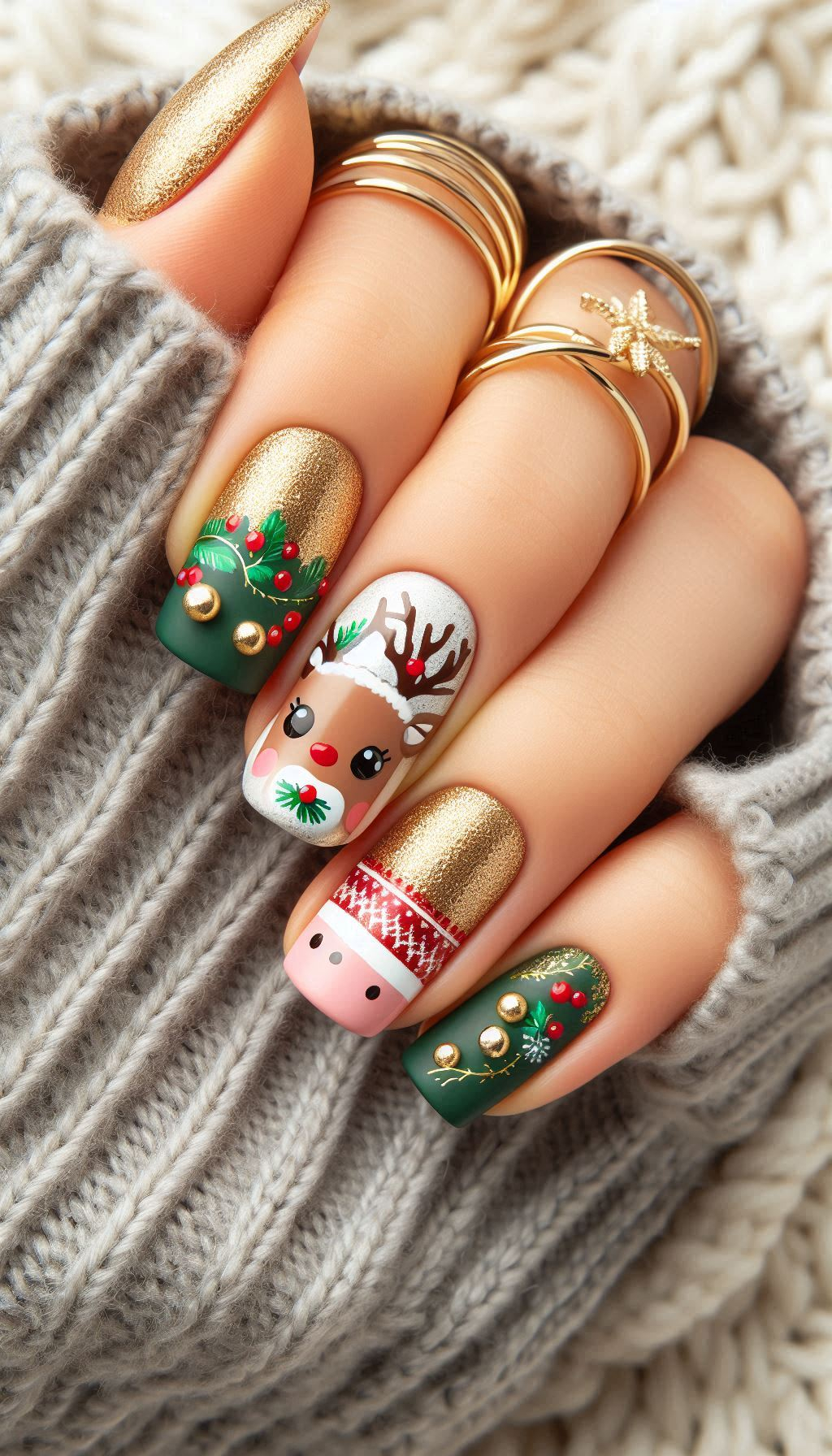 Prance into the holidays with reindeer nail art. Perfect for showcasing your festive spirit and bringing joy to your fingertips!