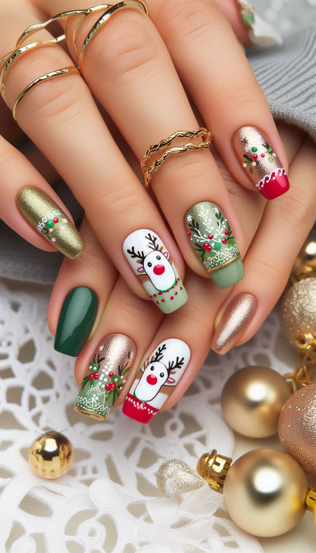 Deck your nails with charming reindeer designs. Perfect for adding a playful touch to your holiday look!