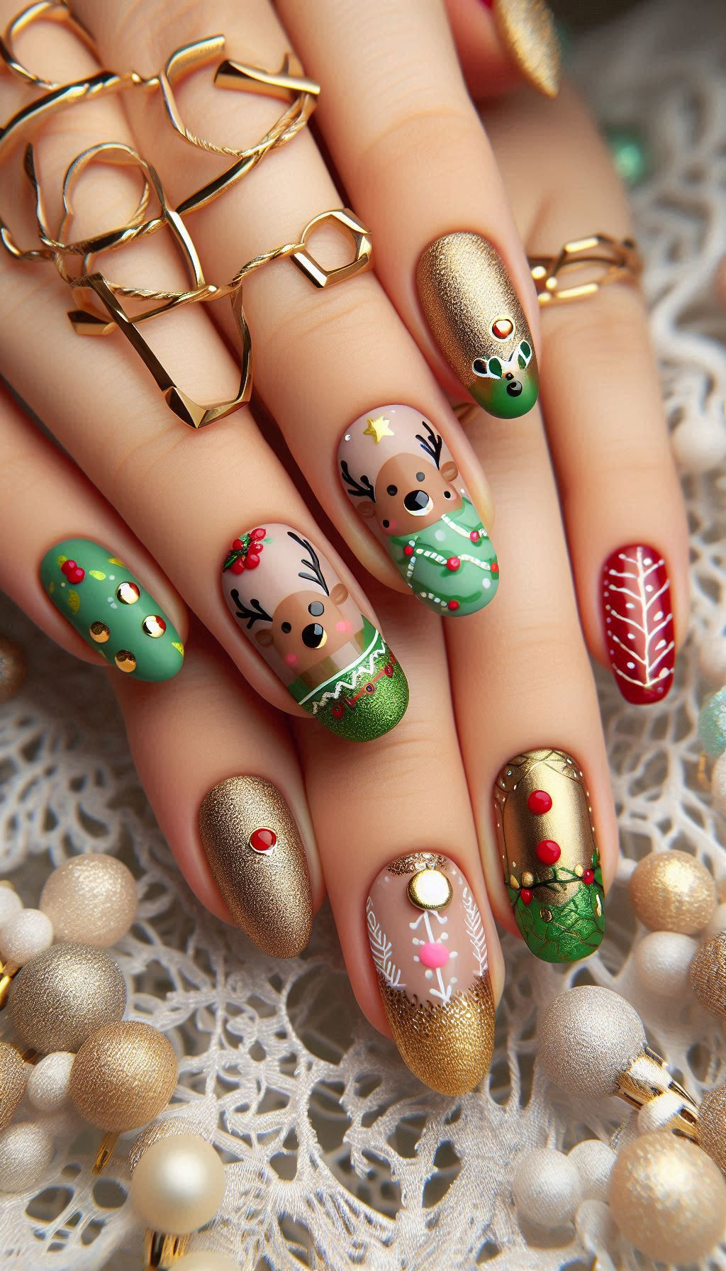 Bring the holiday cheer to your fingertips with reindeer nail art. Perfect for a fun and festive Christmas look!