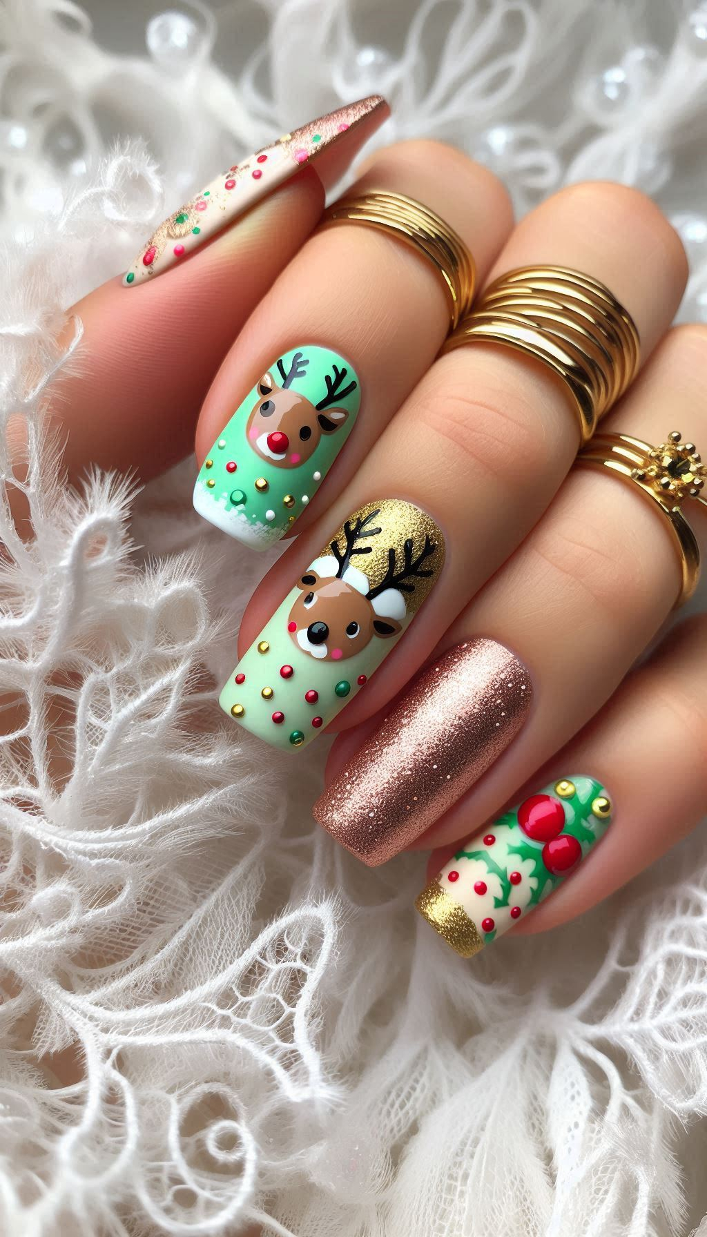 Get festive with reindeer nails that add a touch of holiday whimsy to your style. These designs are sure to bring a smile to your face!