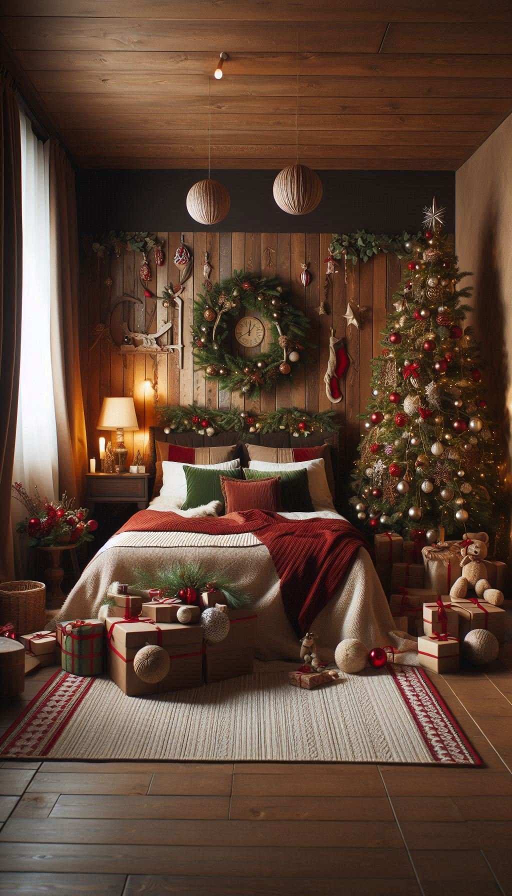 Christmas Bedroom Decorations: 95+ Absolutely Stunning Ideas | Pocoko Embrace the warmth and simplicity of rustic Christmas decorations in your bedroom. Perfect for a cozy holiday haven!
