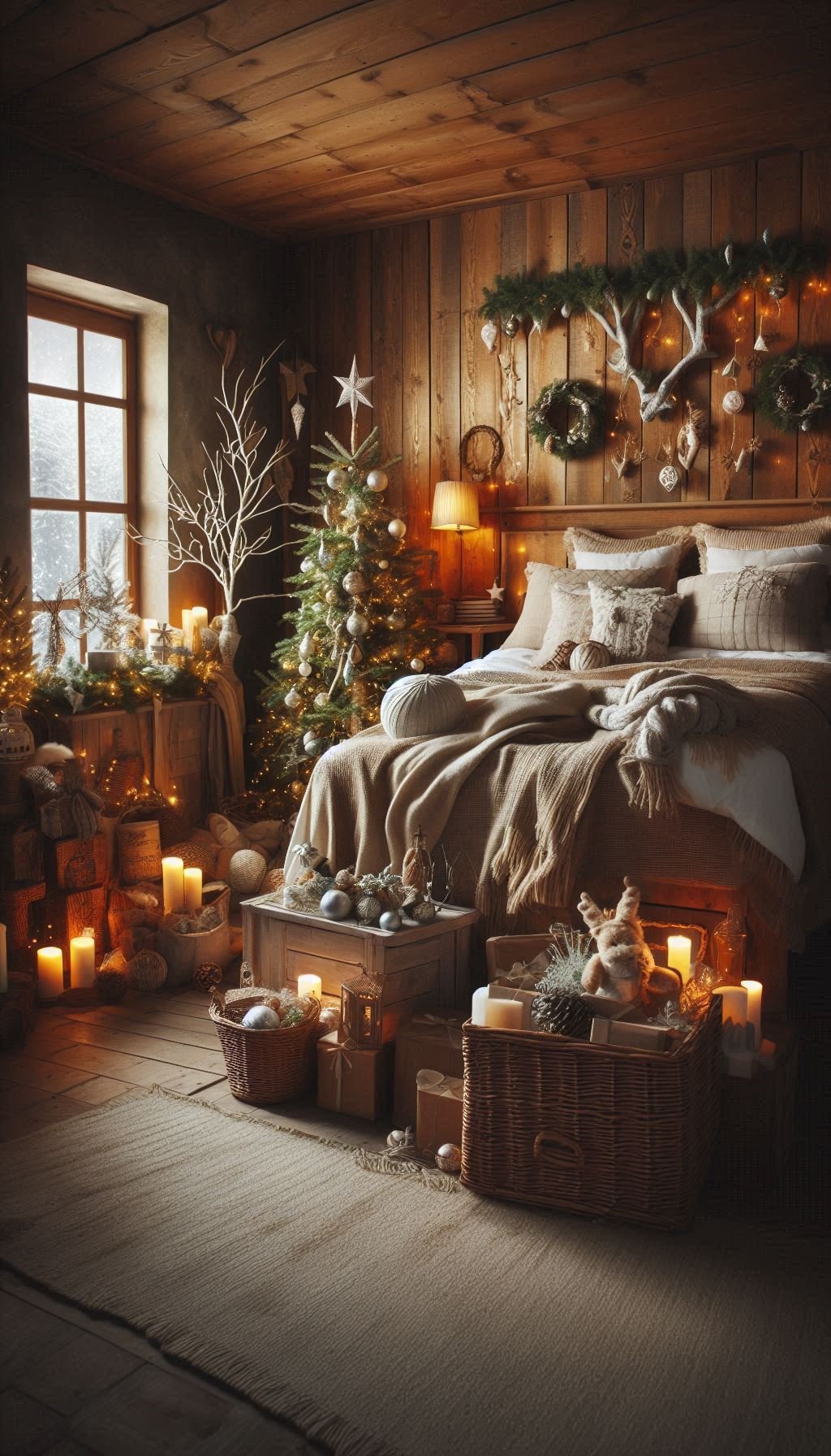 Christmas Bedroom Decorations: 95+ Absolutely Stunning Ideas | Pocoko Embrace the simplicity of the countryside with rustic Christmas decorations in your bedroom. Warm, cozy, and utterly charming!