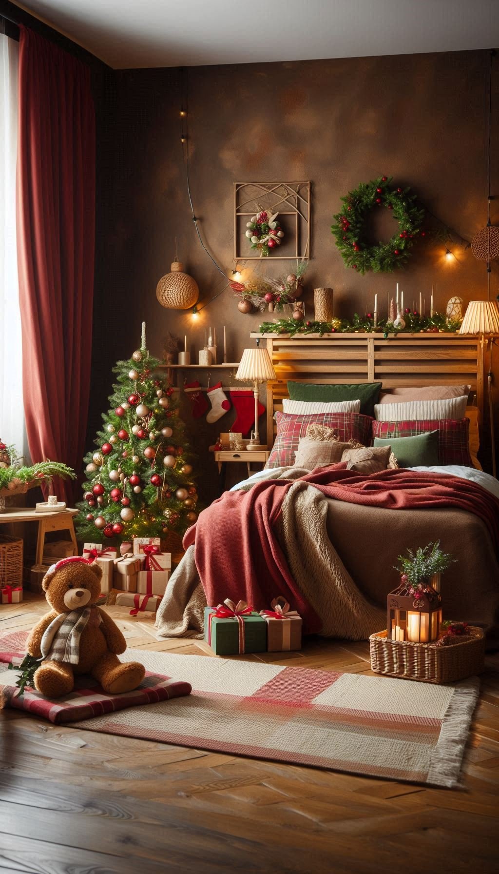 Christmas Bedroom Decorations: 95+ Absolutely Stunning Ideas | Pocoko Transform your bedroom into a rustic haven this Christmas. Think natural woods, warm lights, and festive charm!