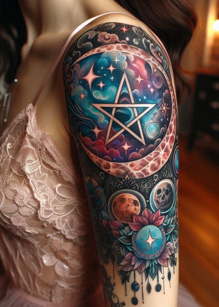 Balance and harmony come to life with pentagram witchcraft tattoos. Perfect for those who embrace the mystical!