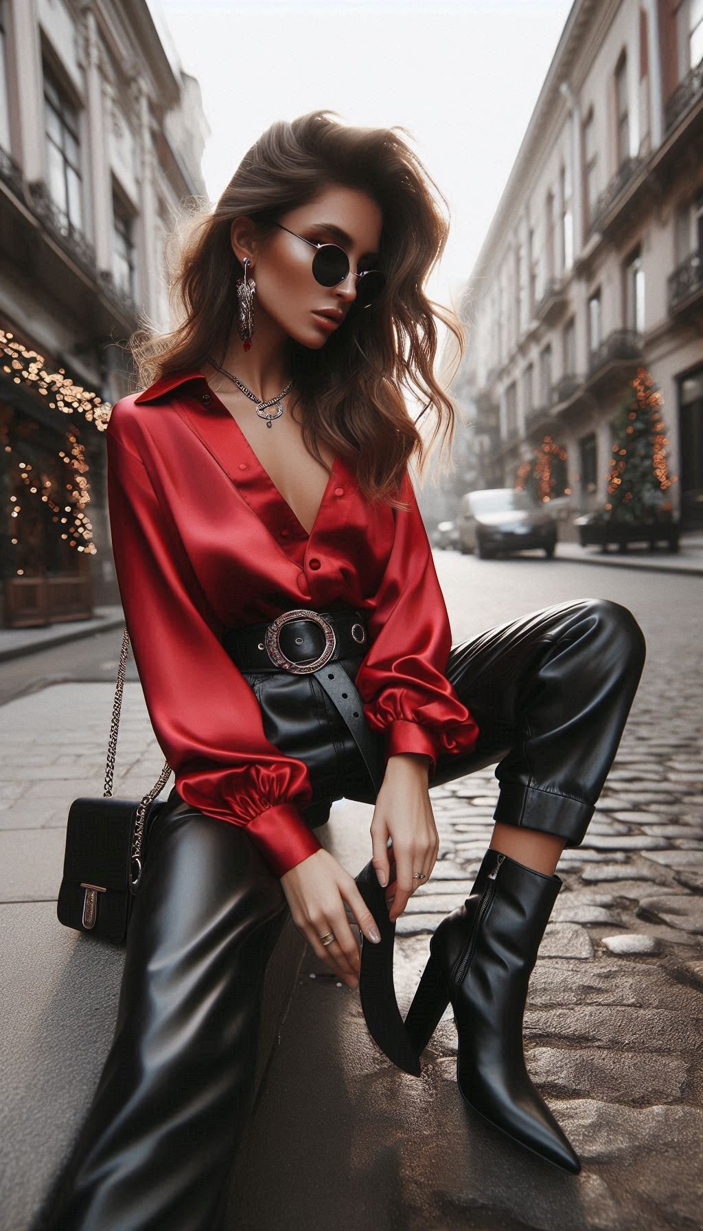 Cozy Christmas Outfit Ideas For You To Sparkle And Shine | Pocoko Elevate your holiday style with a luxurious silk red blouse paired with black leather pants. Sophisticated, edgy, and undeniably festive!