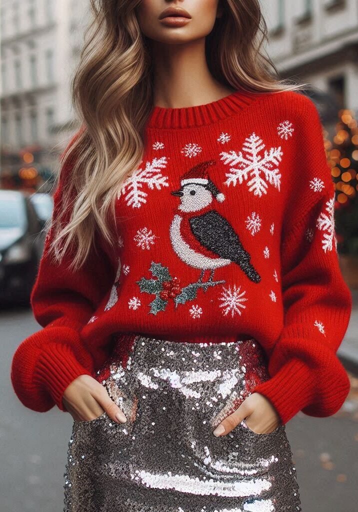 Cozy Christmas Outfit Ideas For You To Sparkle And Shine | Pocoko Why choose between cozy and glam when you can have both? A silver sequin skirt with a Christmas-themed sweater is your ultimate holiday outfit hack.