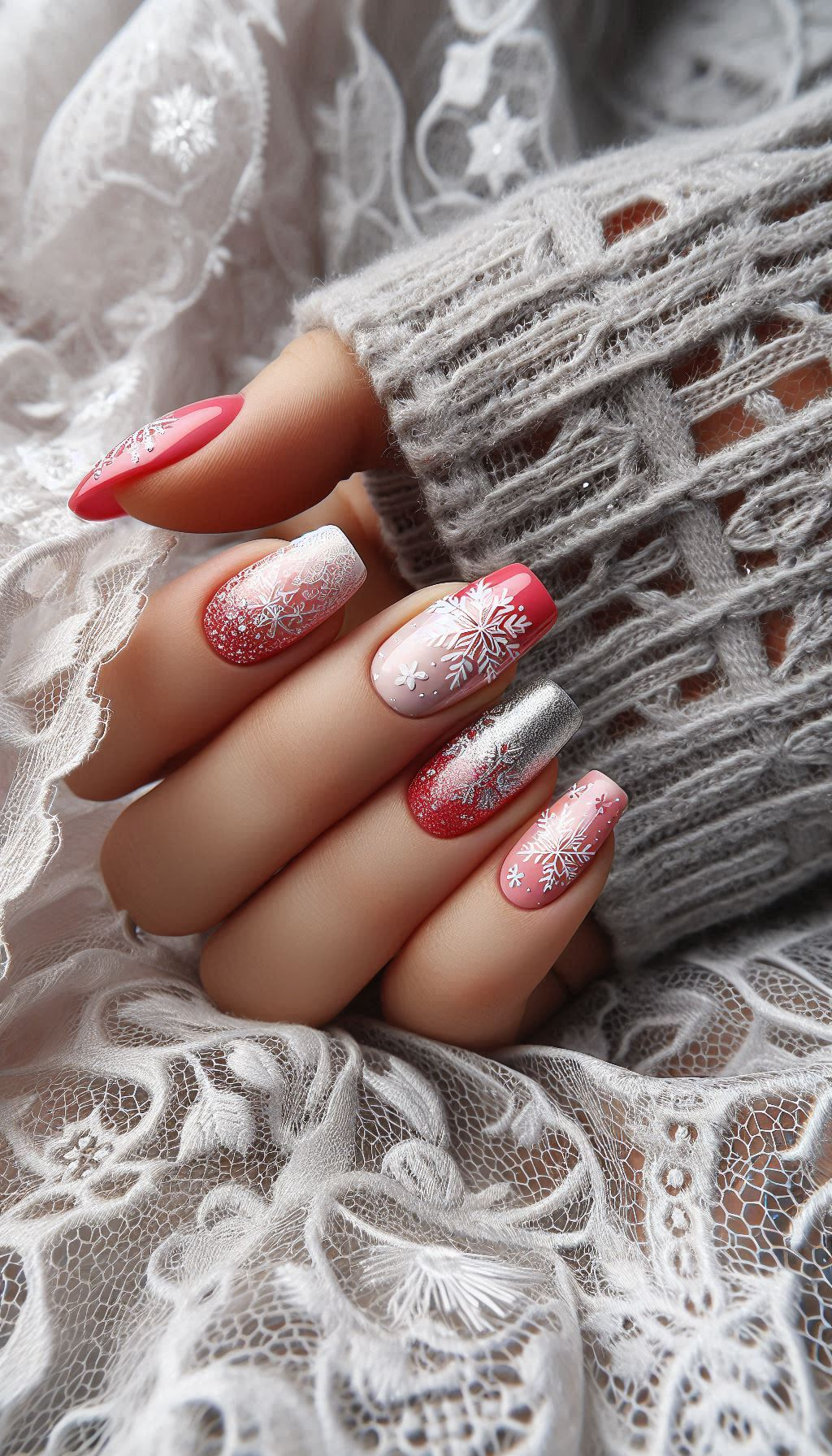 Make your nails the star of the season with snowflakes and glitter. Perfect for adding a touch of holiday magic to your look!