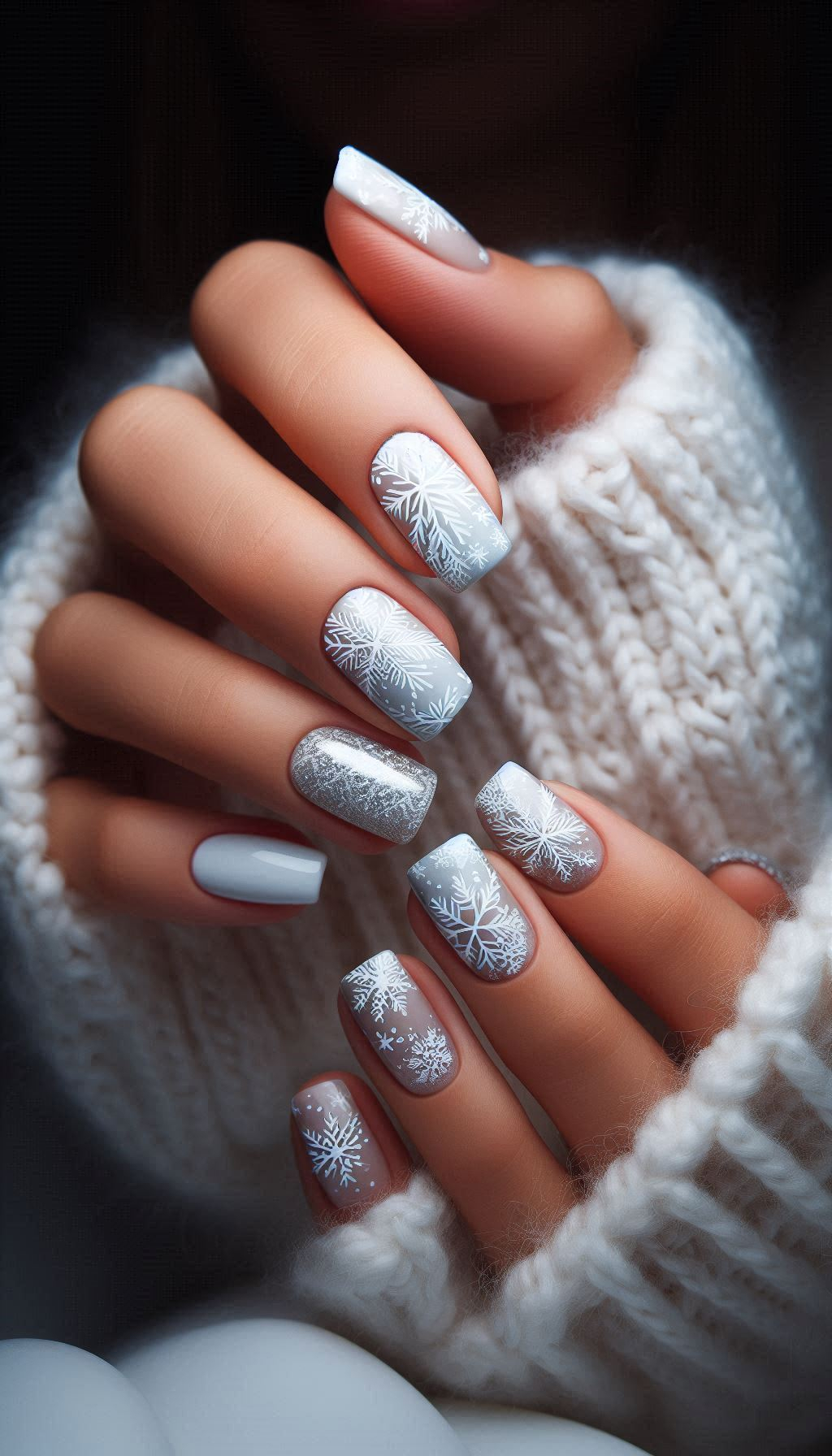 Turn your nails into a winter wonderland with snowflakes and glitter. Perfect for adding a touch of festive sparkle to your holiday look!