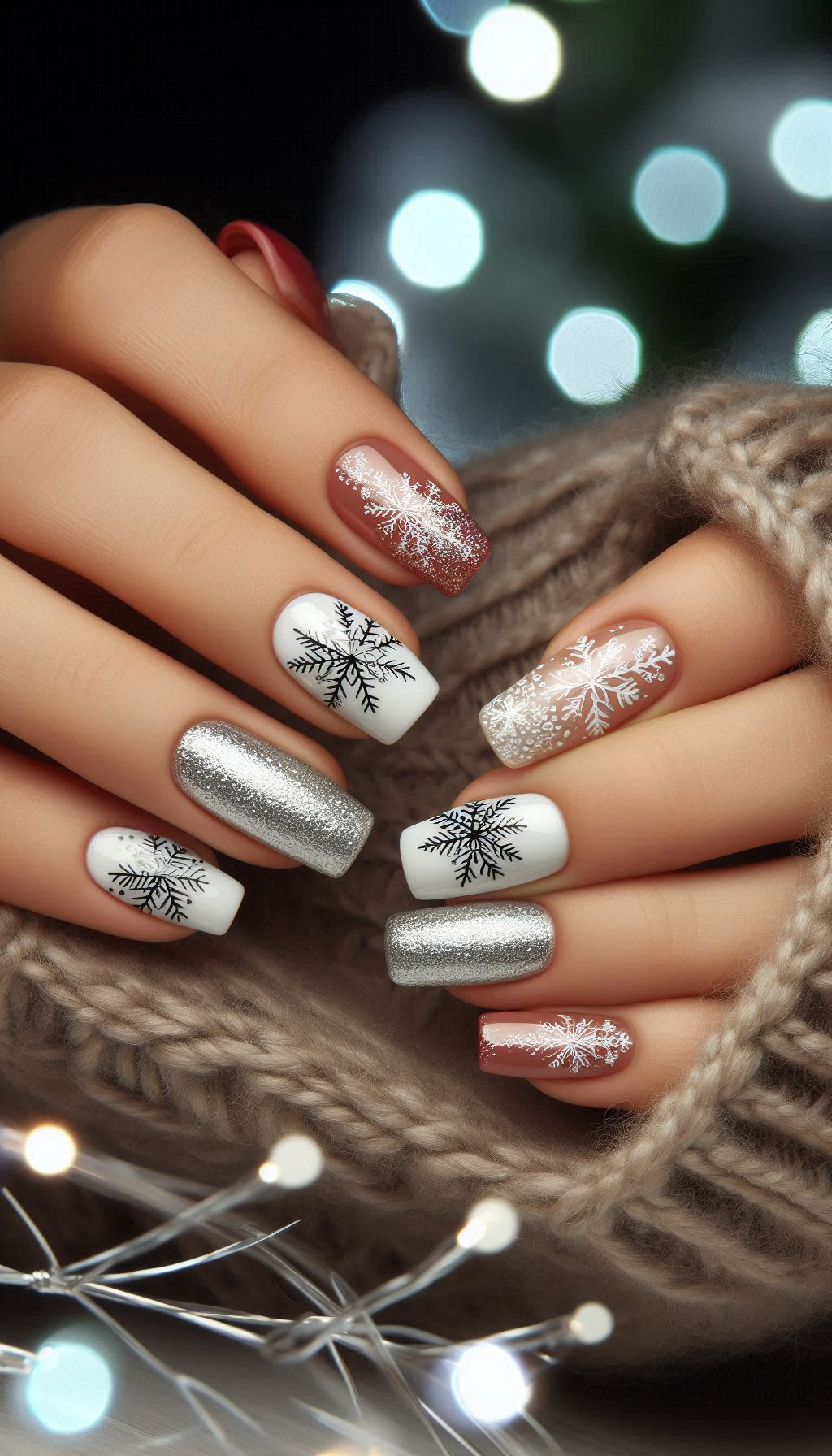 Get your nails holiday-ready with a dazzling mix of snowflakes and glitter. Perfect for bringing the sparkle of the season to your fingertips!