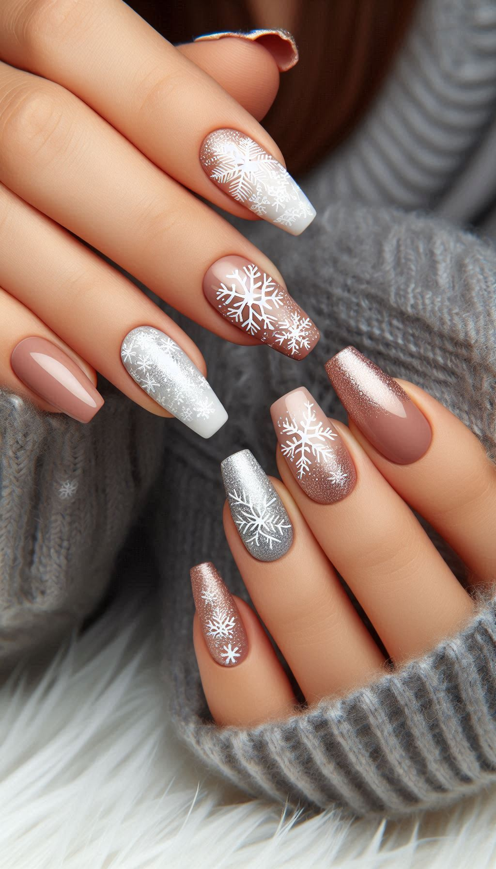 Let it snow on your nails with delicate snowflakes and glitter. This festive design captures the beauty of winter and the sparkle of Christmas!